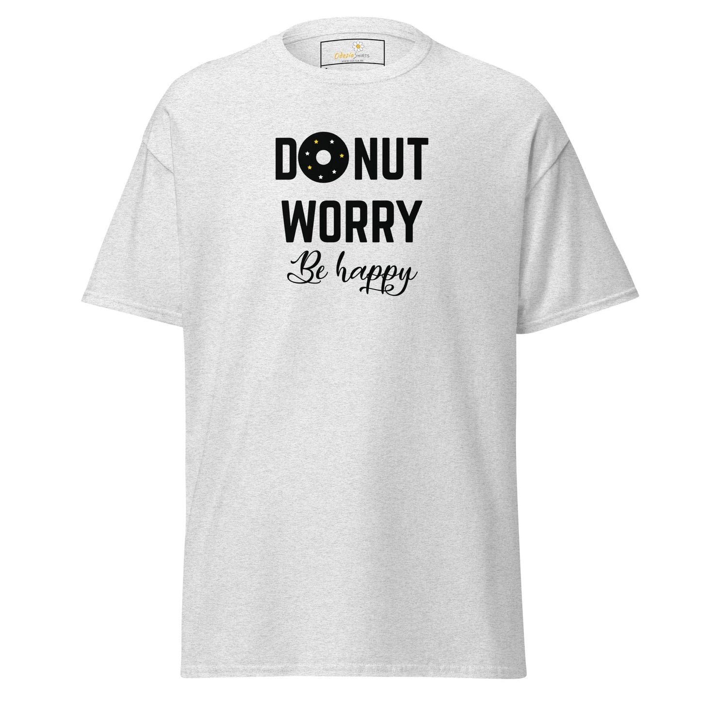 White T-shirt with Donut Worry Be Happy text, suitable for men and women sizes S to XL