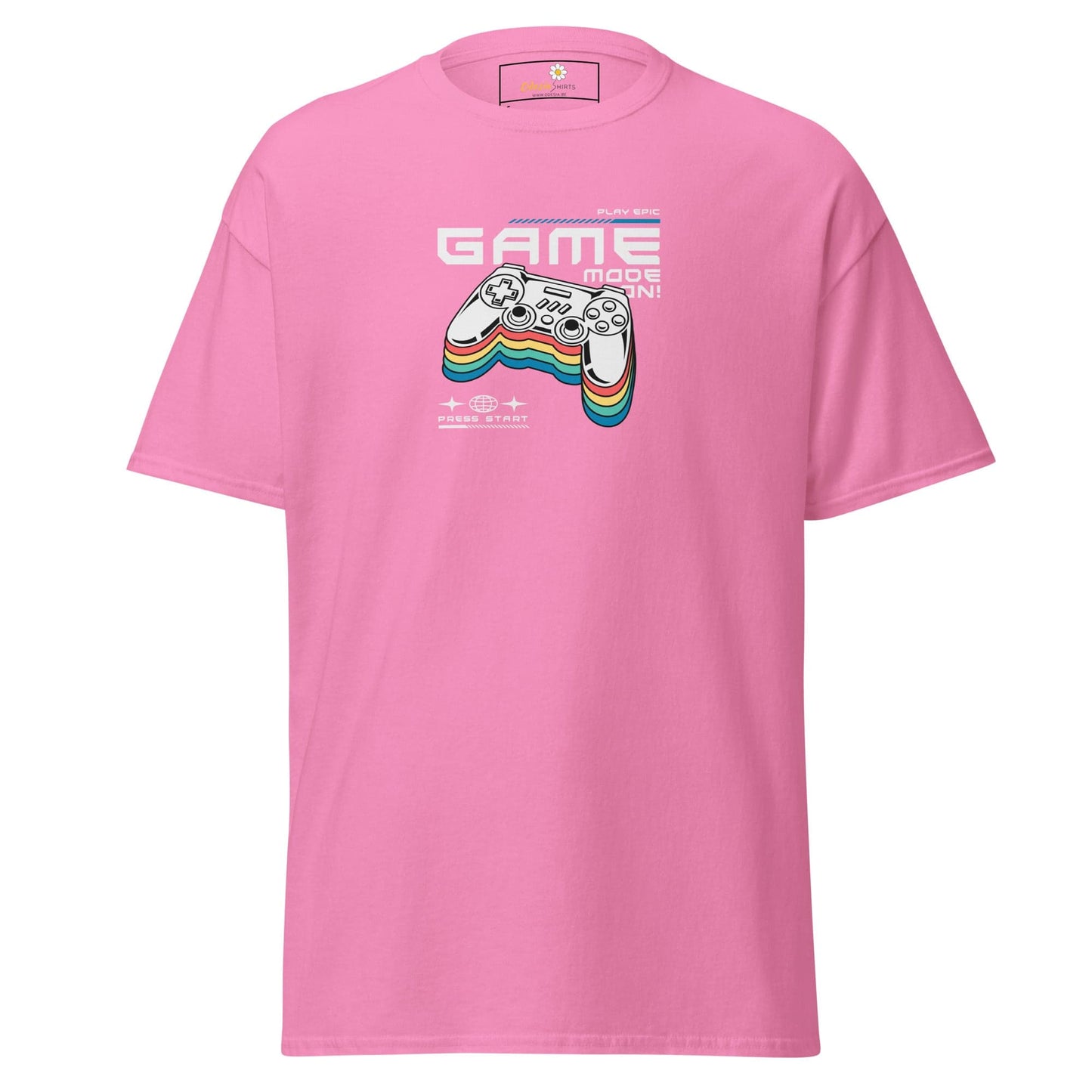 Pink t-shirt with gaming controller design for men and women, available in sizes S to XL