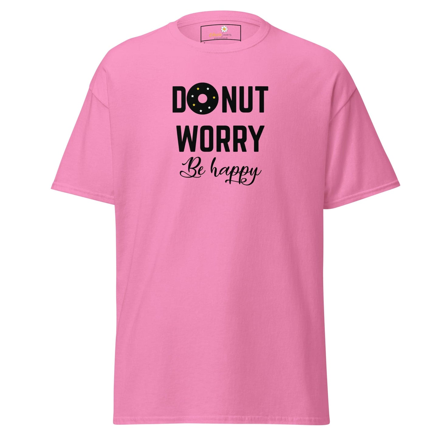 Pink T-shirt with Donut Worry Be Happy slogan, suitable for Men and Women, sizes S to XL