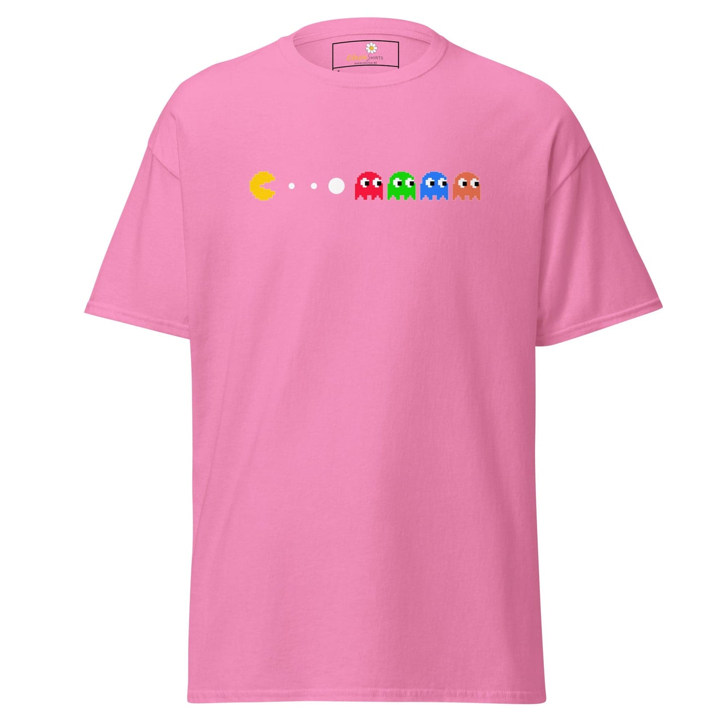 Pink Pac-Man graphic t-shirt for men and women available in S to XL sizes