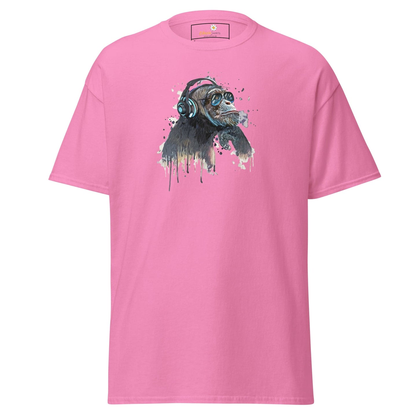 Pink T-Shirt with a chimpanzee graphic for men and women in sizes S to XL
