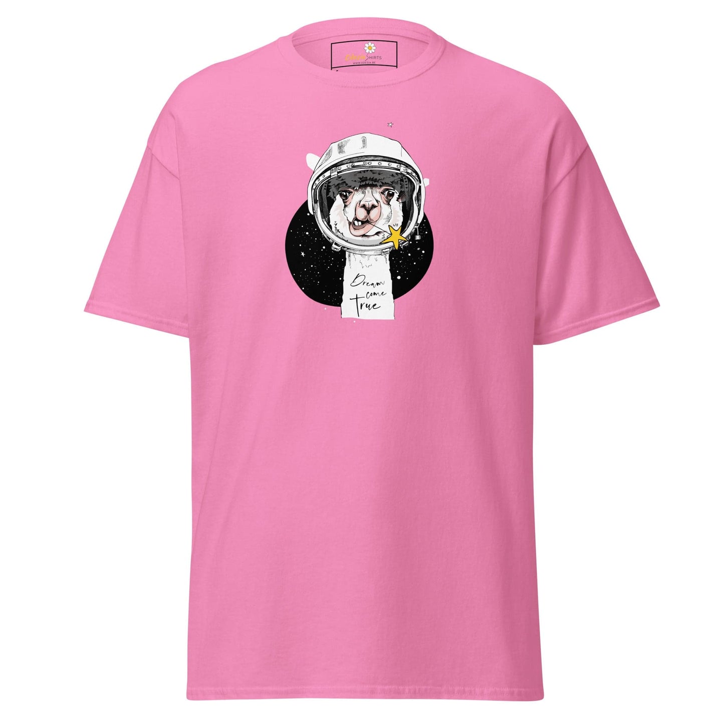 Pink t-shirt with astronaut llama graphic from T-SHIRT DESIGN TEE for men and women