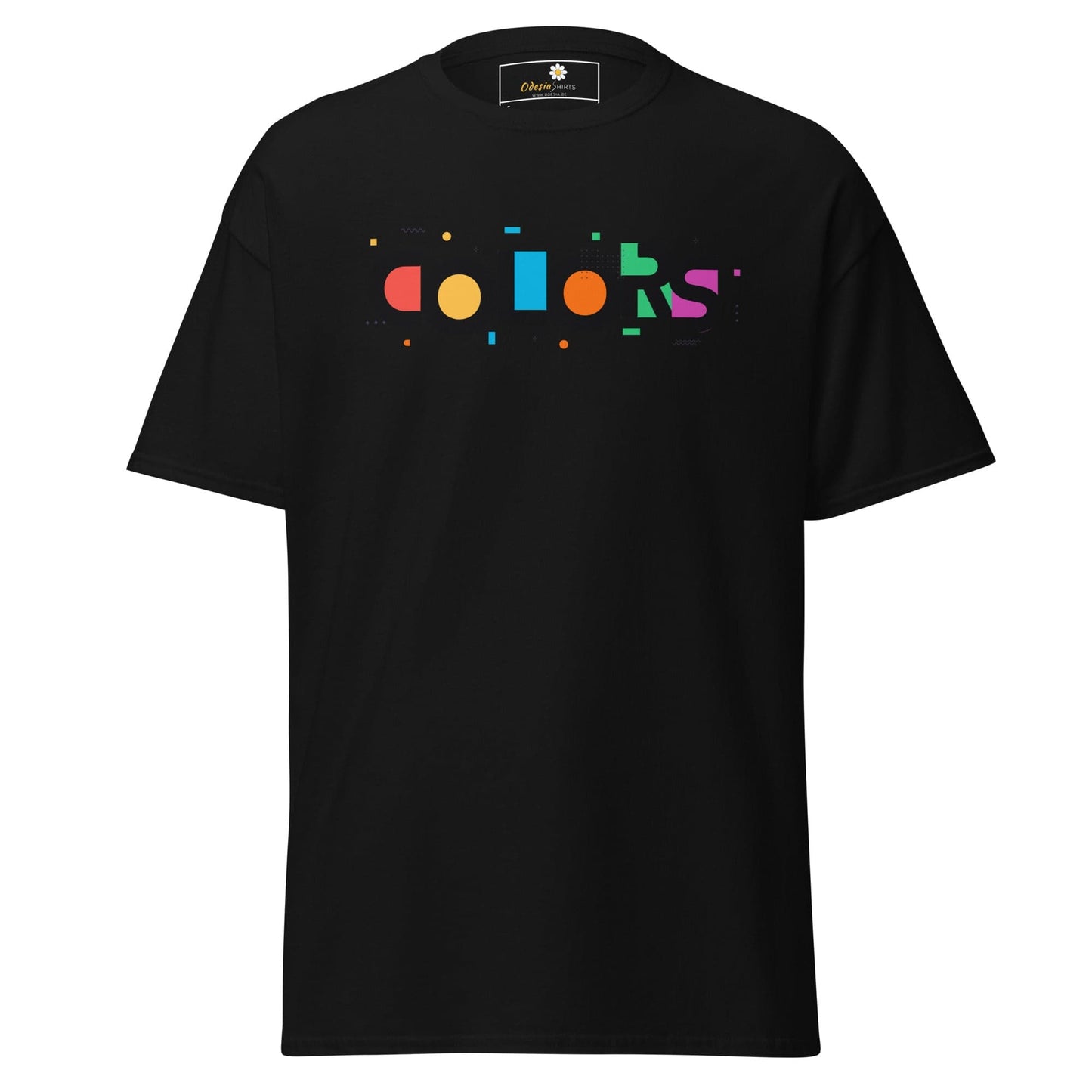 Black t-shirt with colorful COLORS text showcasing T-SHIRT DESIGN TEE MAN WOMAN S-XL
