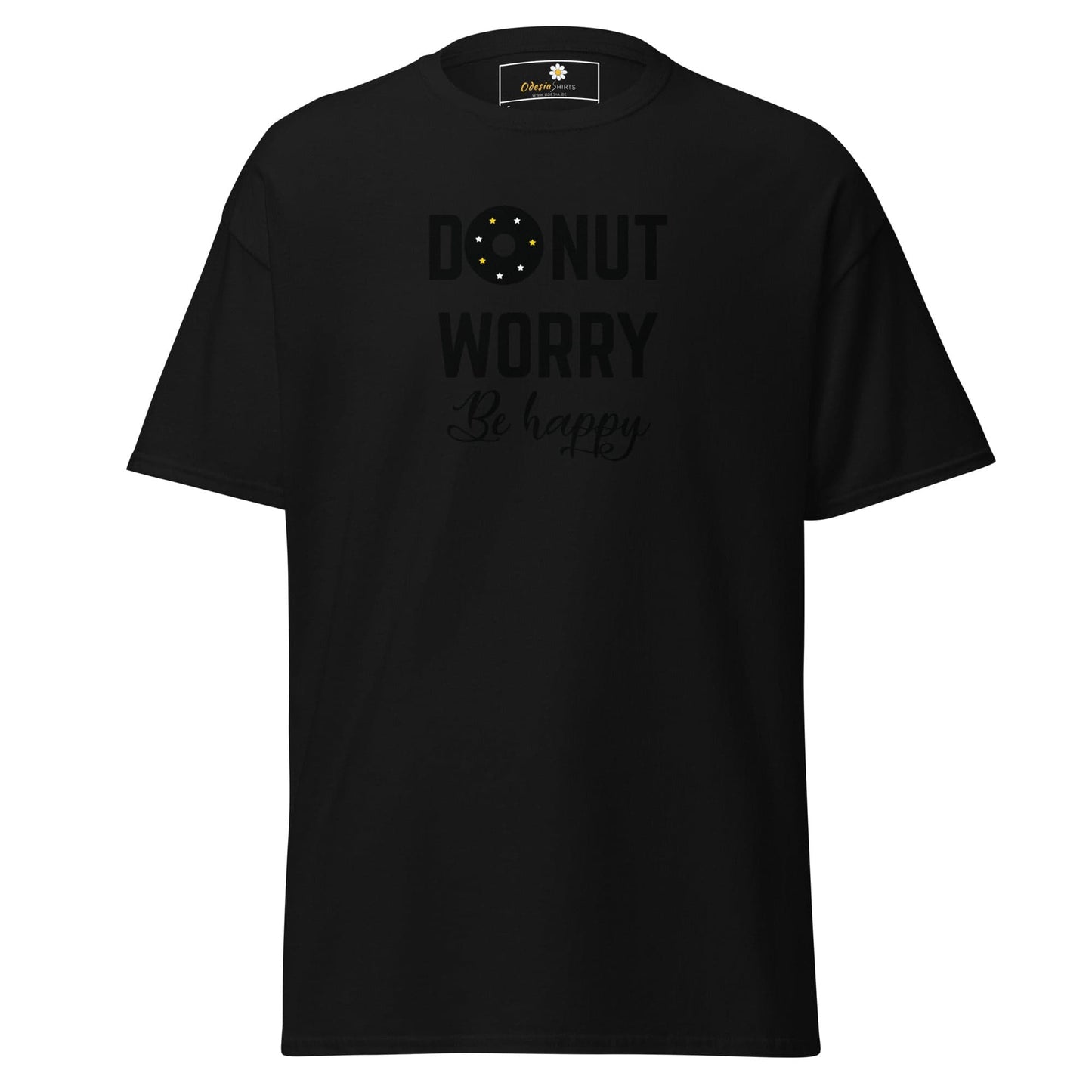 Black T-shirt with Donut Worry Be Happy text for Man or Woman in sizes S to XL