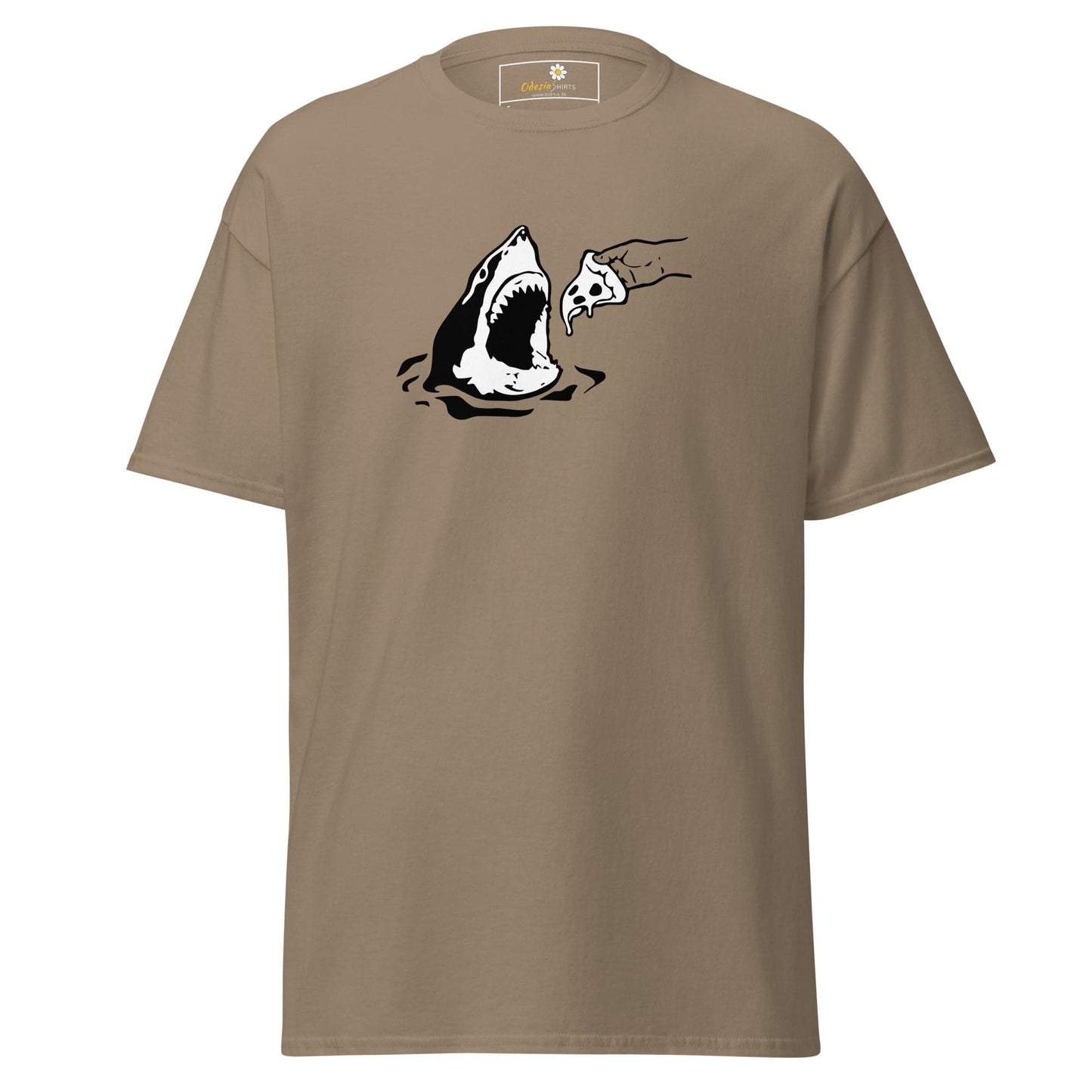 Khaki T-Shirt with Shark and Pizza Graphic for Men and Women in Sizes S to XL