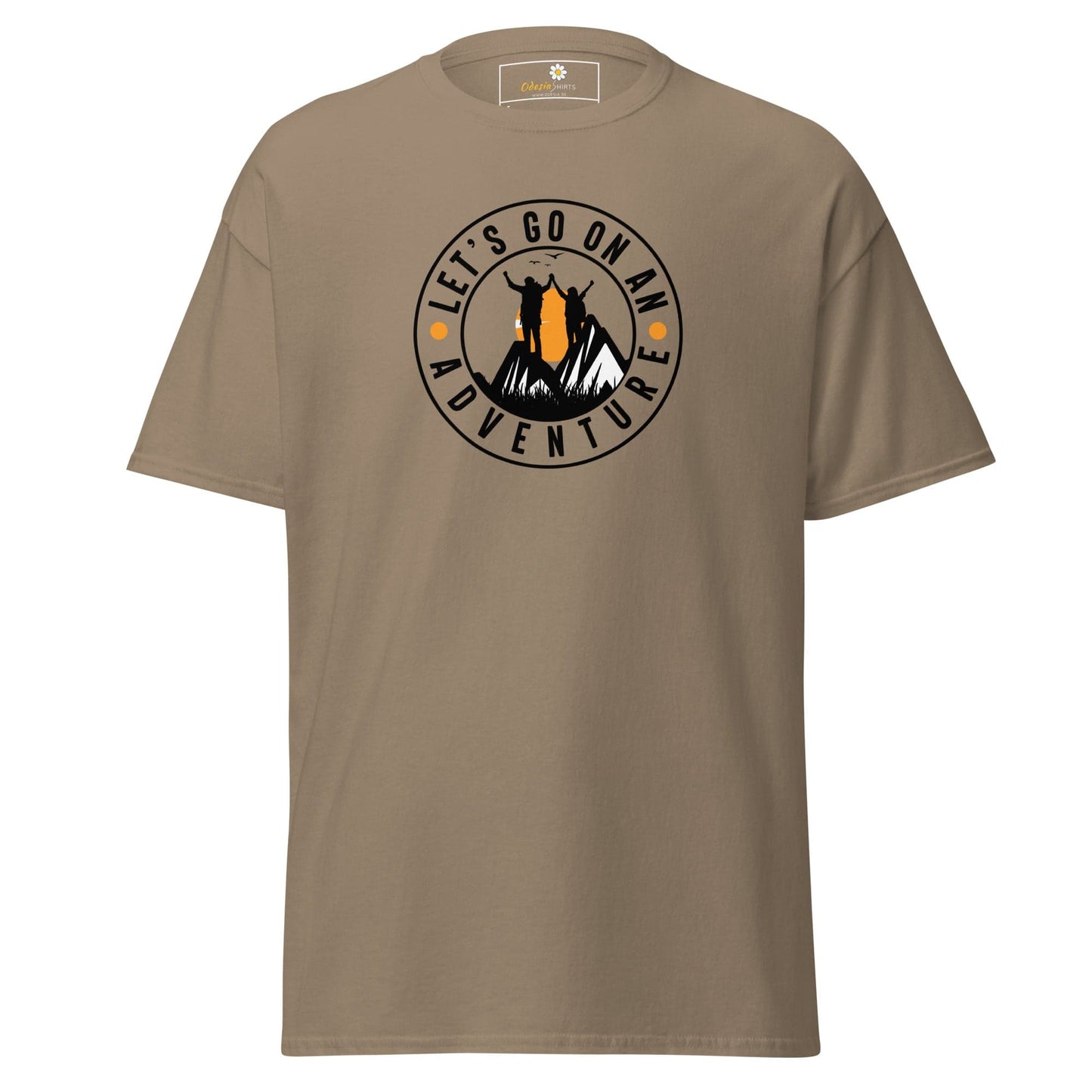Khaki T-shirt with adventure graphic for Men and Women in sizes S to XL