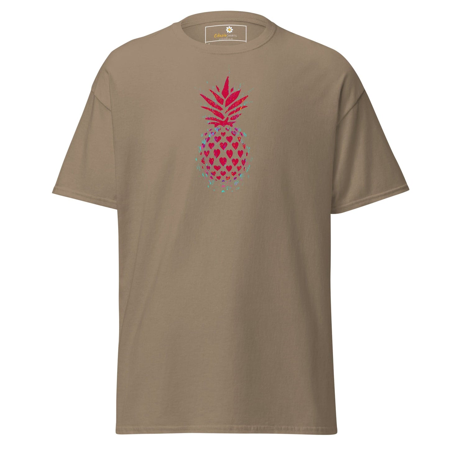 Khaki T-shirt featuring a pineapple design for men and women in size S to XL