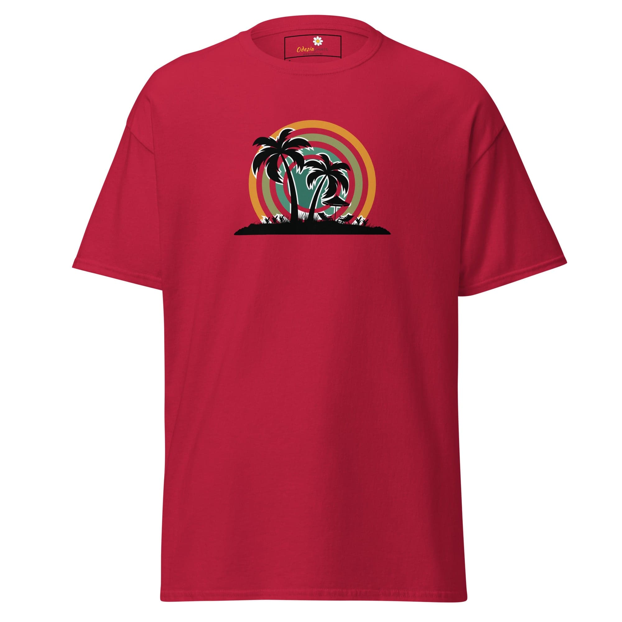 Red T-shirt with a palm tree graphic from T-SHIRT DESIGN TEE for Men and Women