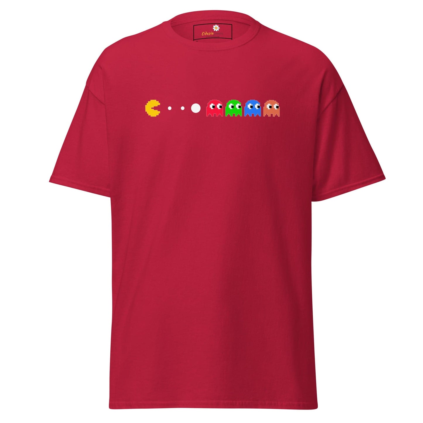 Red T-shirt featuring Pac-Man design for Men and Women in sizes S to XL