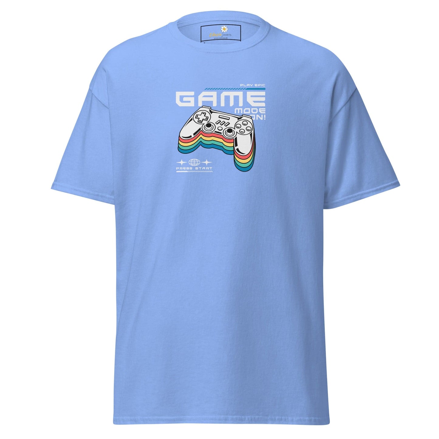Light blue T-shirt with retro gaming controller design for men and women in sizes S to XL
