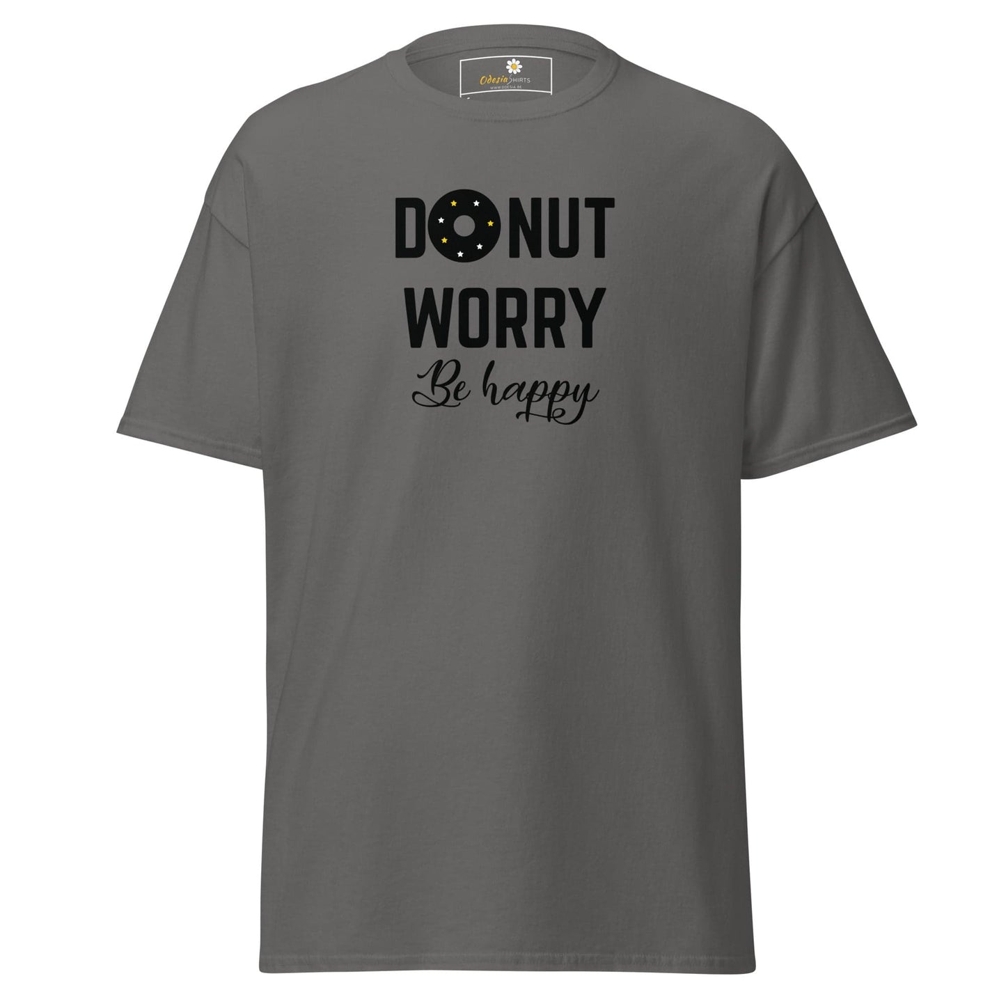 Gray T-shirt with a colorful donut graphic, suitable for men and women in sizes S to XL