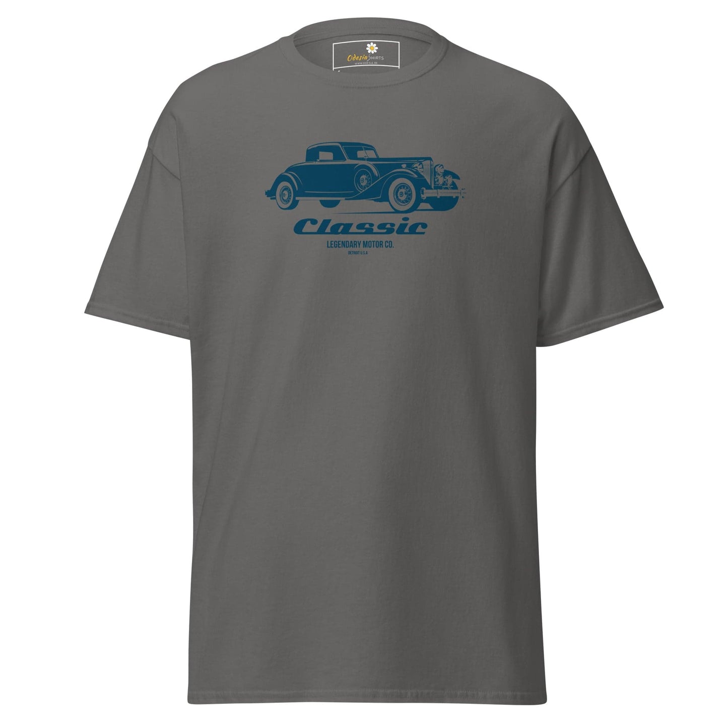 Gray T-shirt featuring a classic car design for men and women available in S to XL