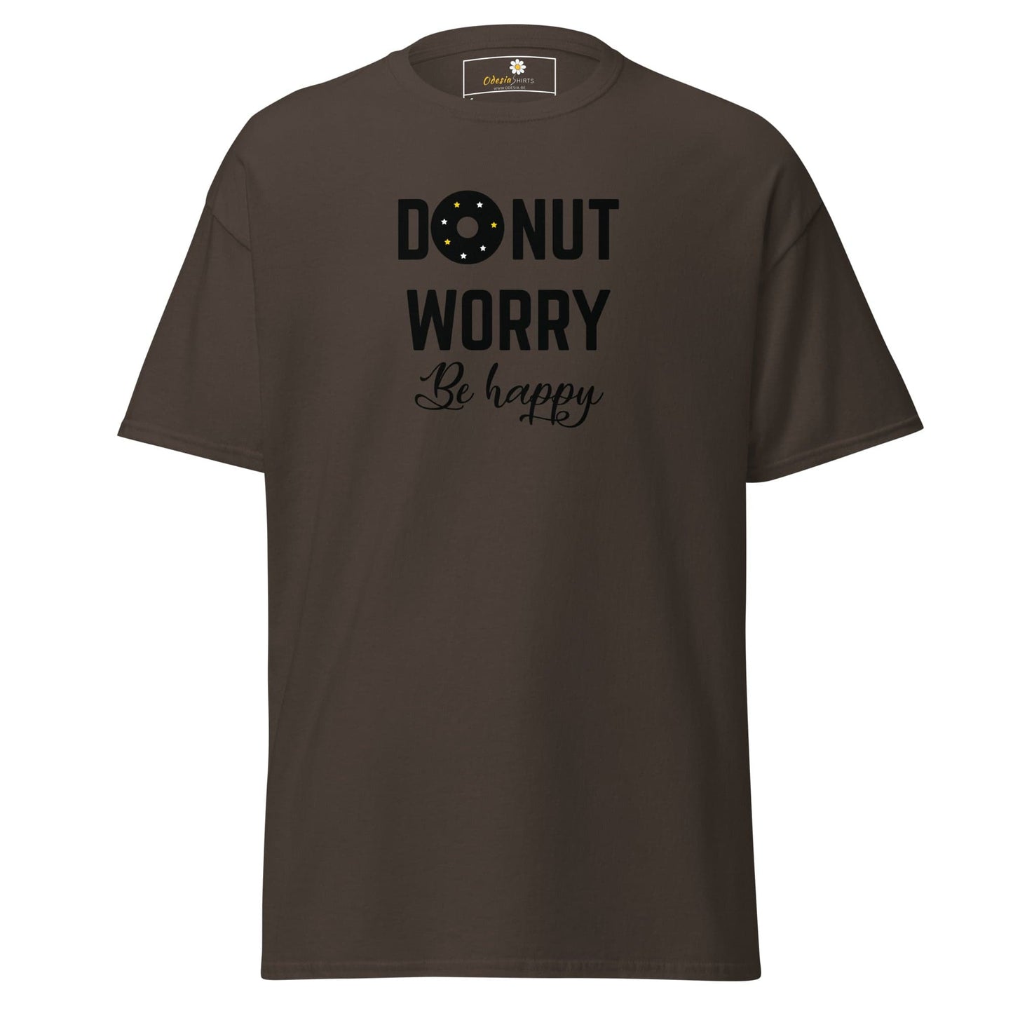 Brown T-shirt with Donut Worry Be Happy text displayed in T-SHIRT DESIGN TEE for Men and Women
