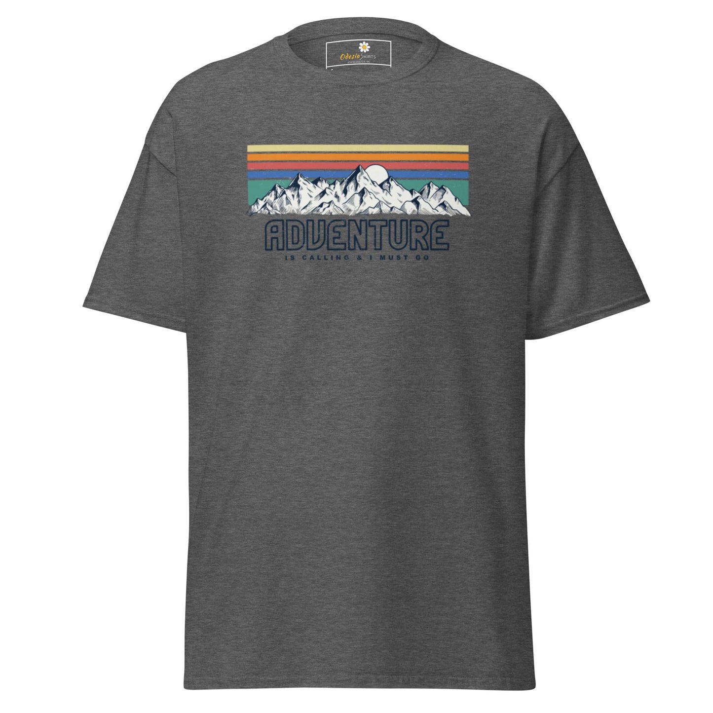 Gray t-shirt with mountain graphic displayed on men’s and women’s T-SHIRT DESIGN TEE
