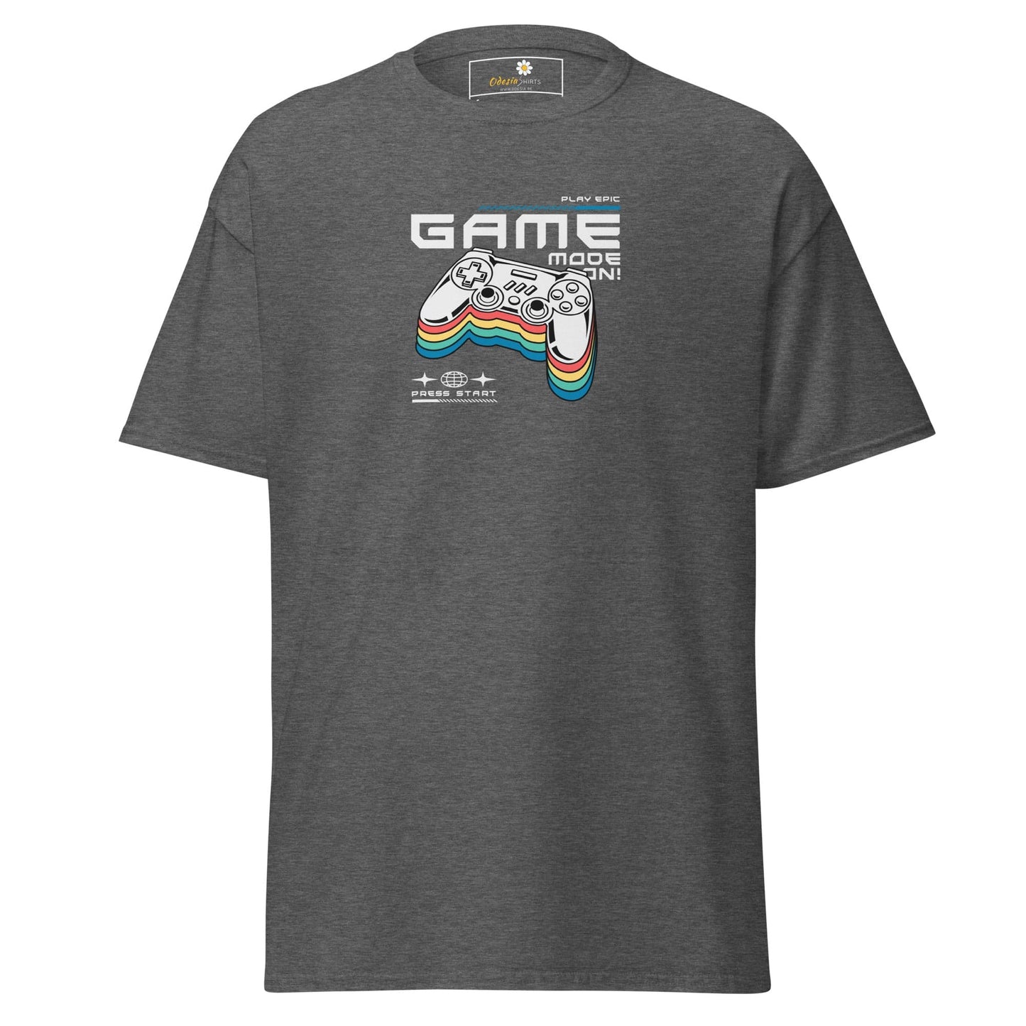 Gray T-shirt featuring a gaming controller graphic ideal for men and women sizes S to XL