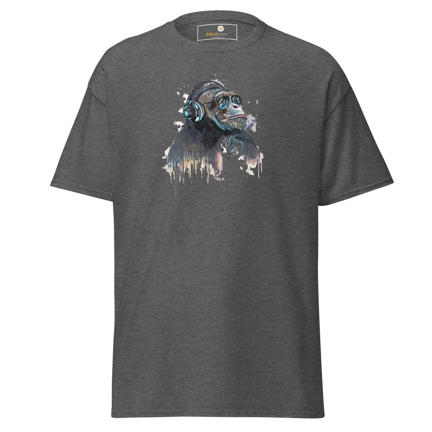 Gray t-shirt featuring a monkey graphic, suitable for men and women in sizes S to XL