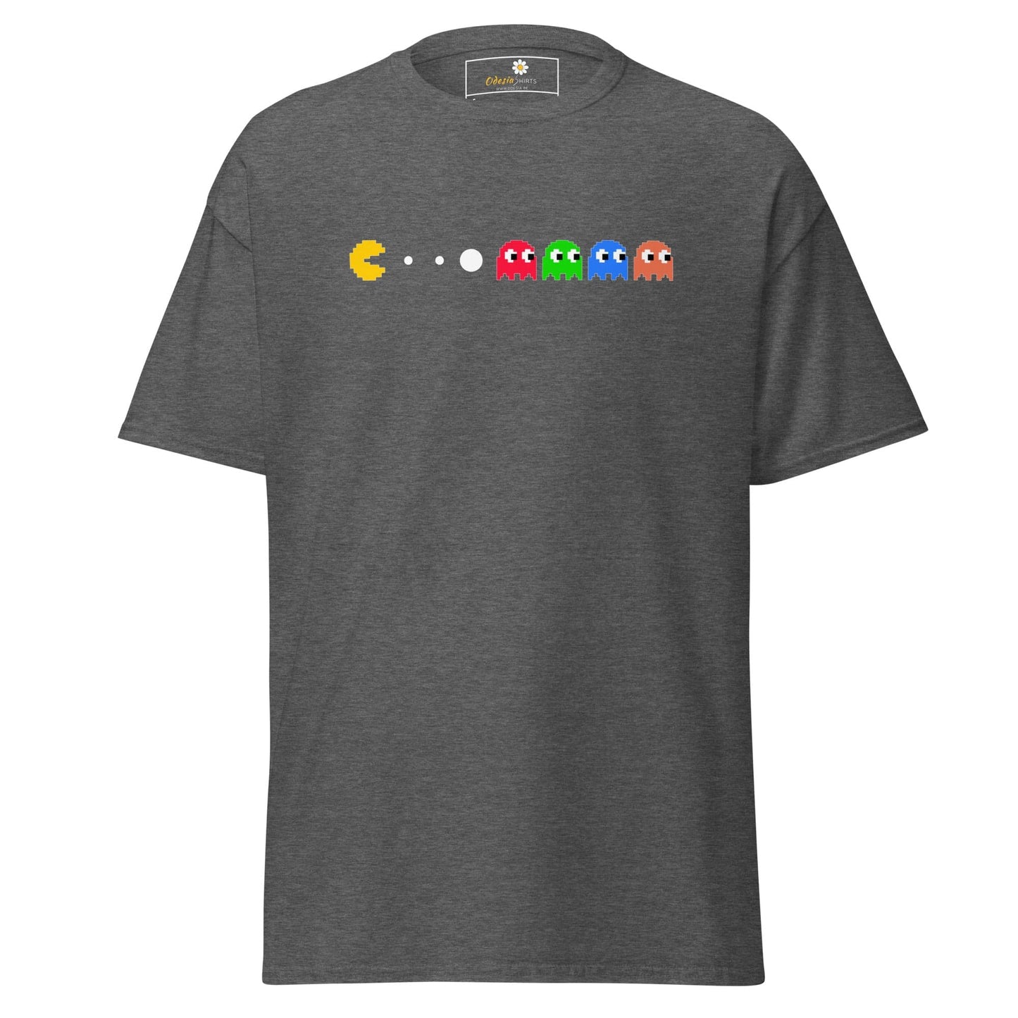 Gray T-shirt with Pac-Man design for men and women available in sizes S to XL