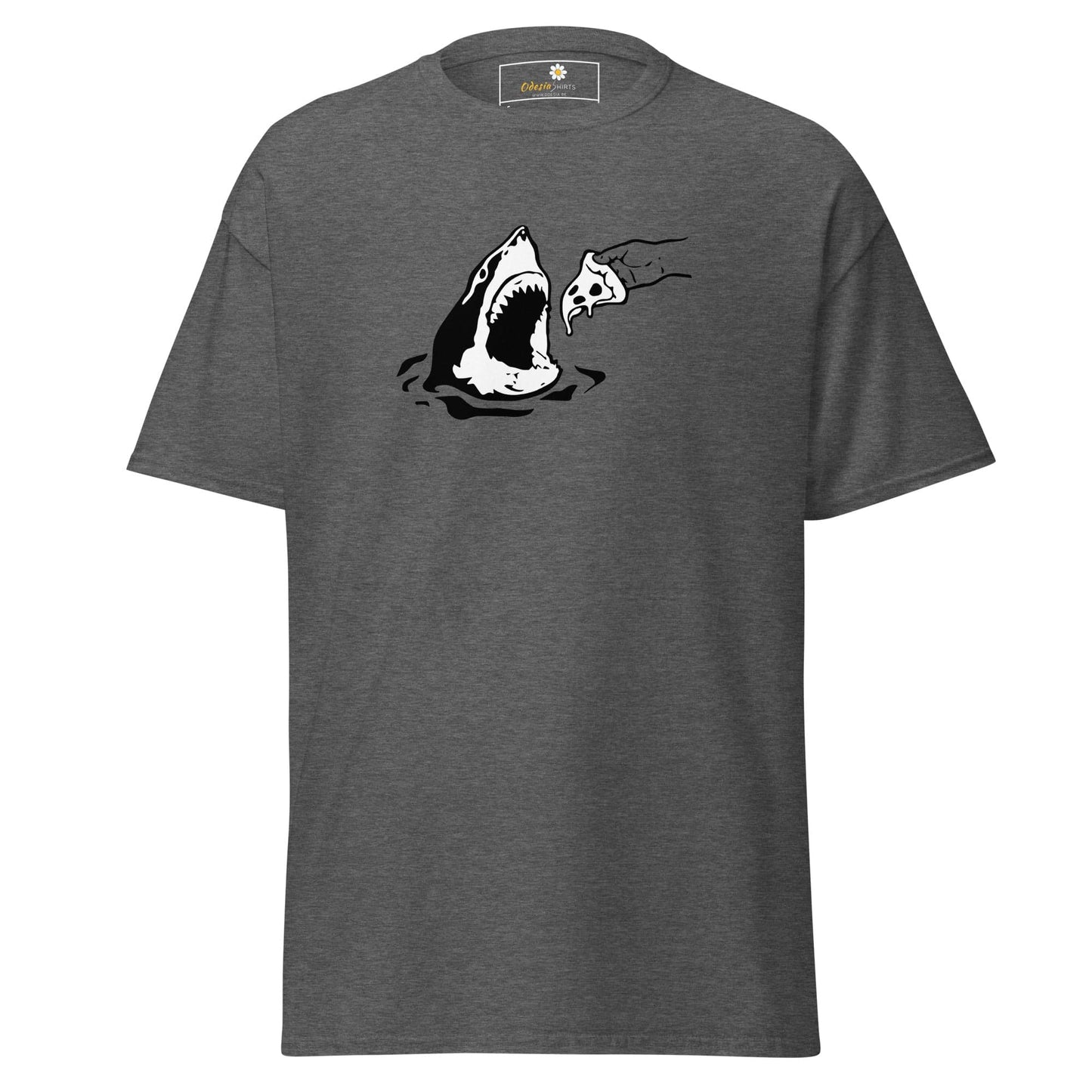 Gray T-shirt for Men and Women featuring shark and pizza graphic, available in S to XL
