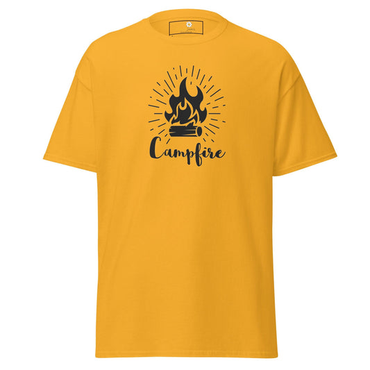 Yellow T-shirt with campfire graphic, suitable for men and women in size S to XL