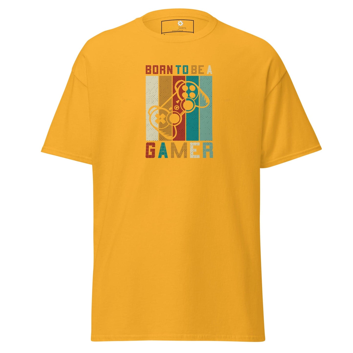 Yellow T-shirt with gamer design for men and women, available in sizes S to XL