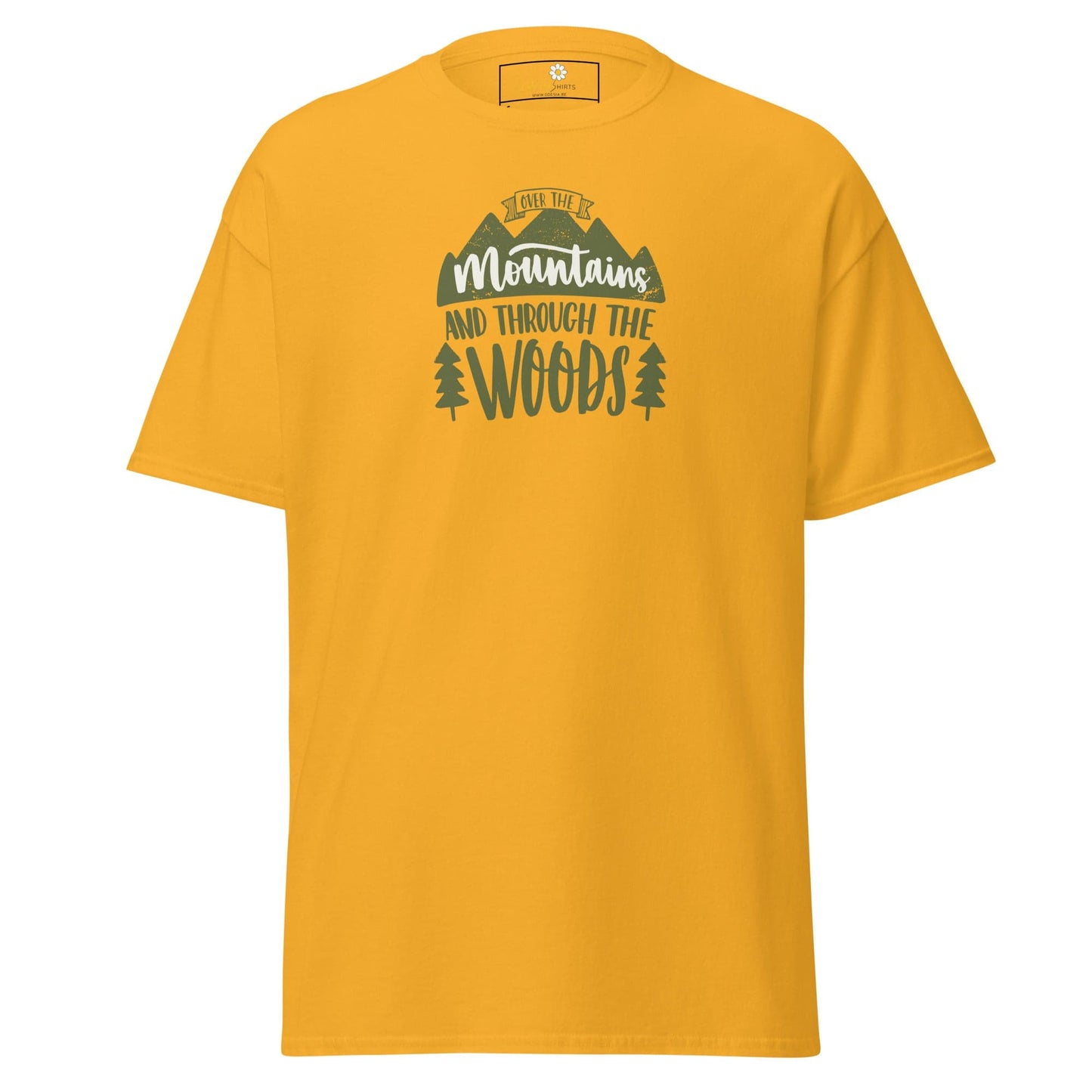 Yellow T-shirt with mountain and woods graphic, suitable for men and women, sizes S to XL