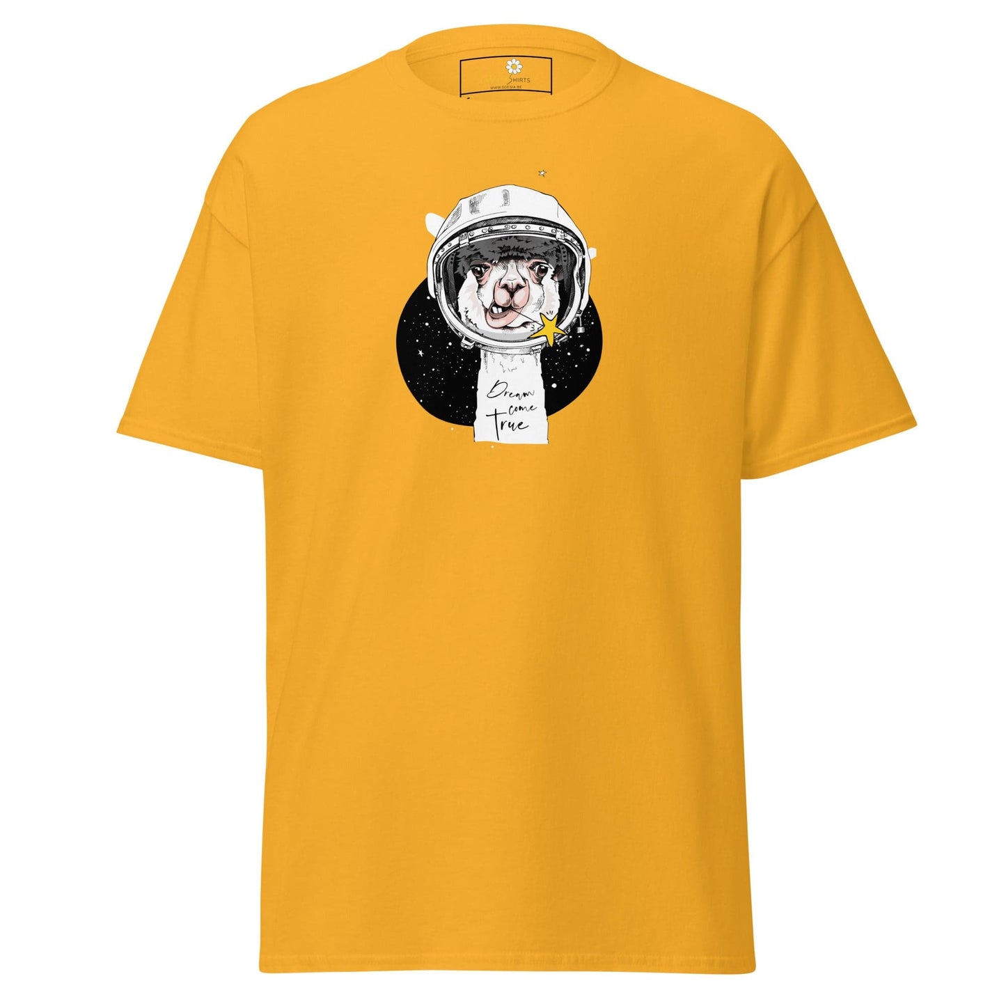 Yellow T-shirt with Alpaca Astronaut graphic, ideal for Men and Women S to XL