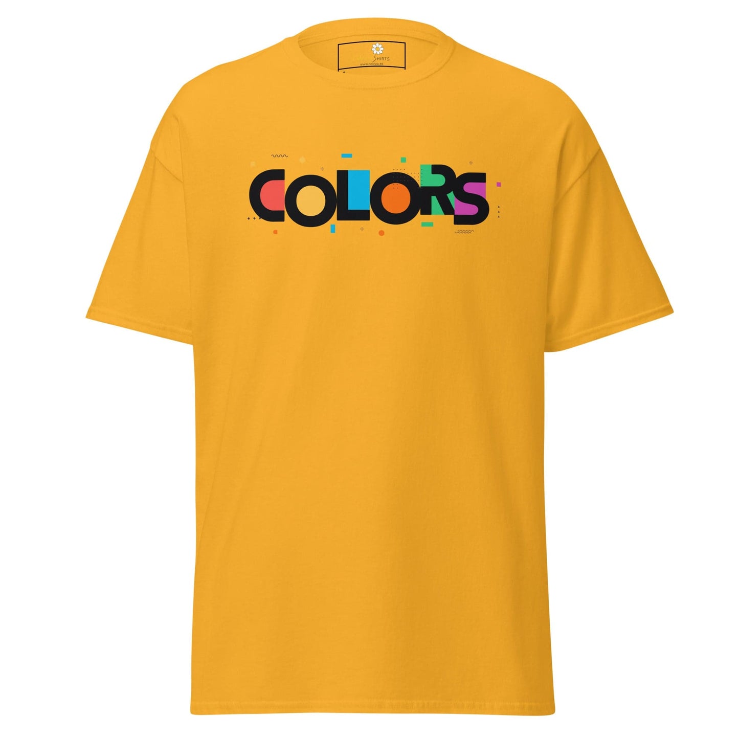 Yellow T-shirt with COLORS graphic available in S to XL for men and women