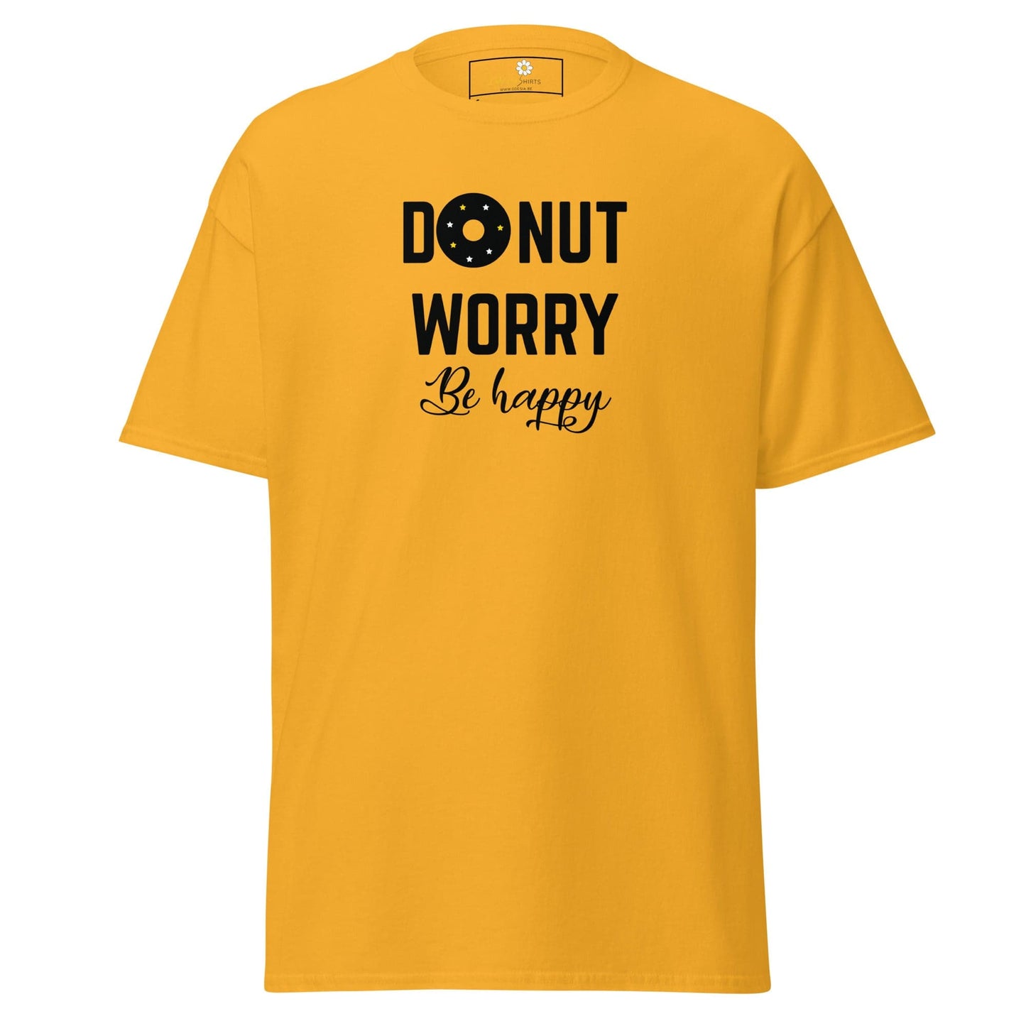Yellow T-shirt with Donut Worry Be Happy text from T-shirt Design Tee for Men and Women