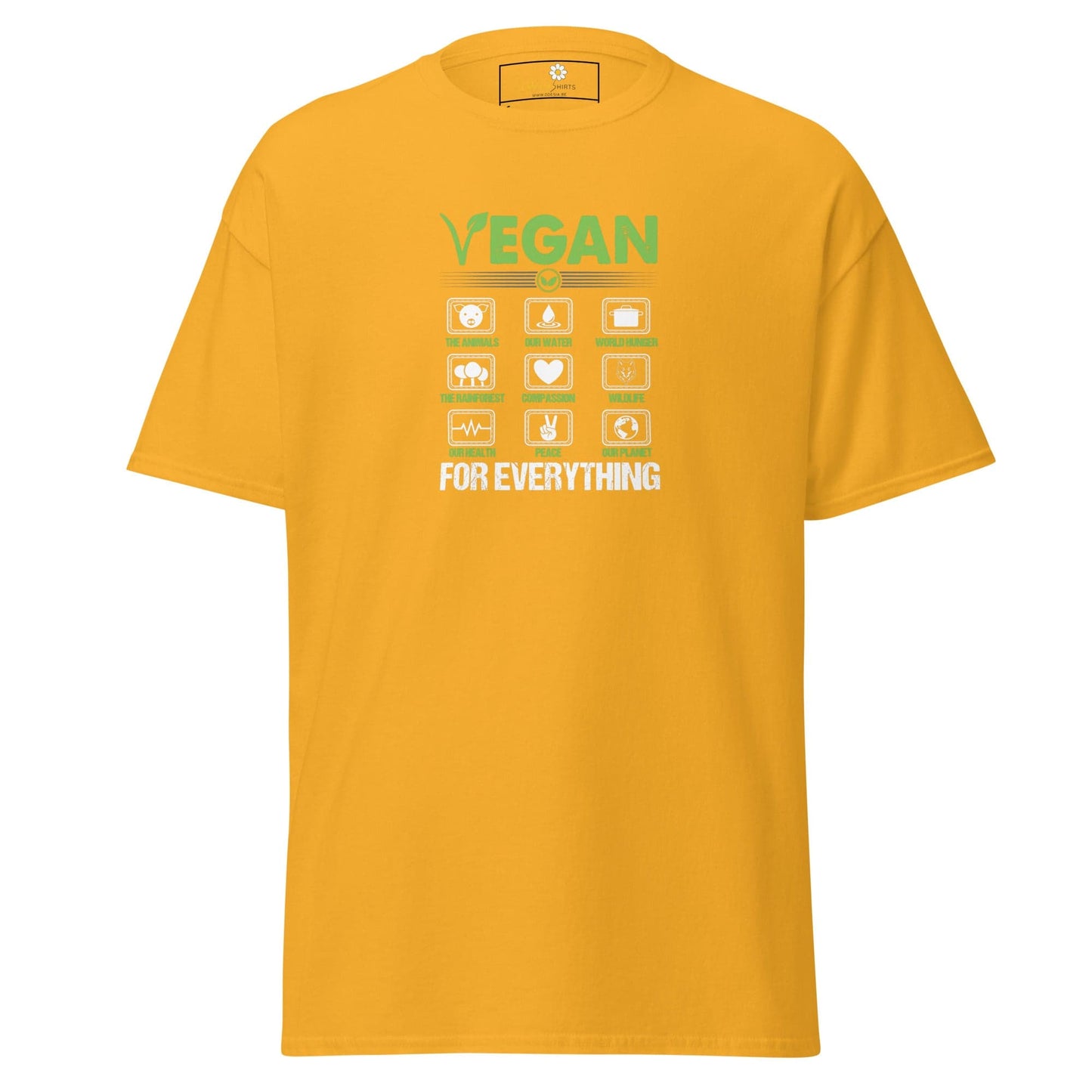 Yellow T-shirt with vegan graphic design for men and women, available in S to XL sizes
