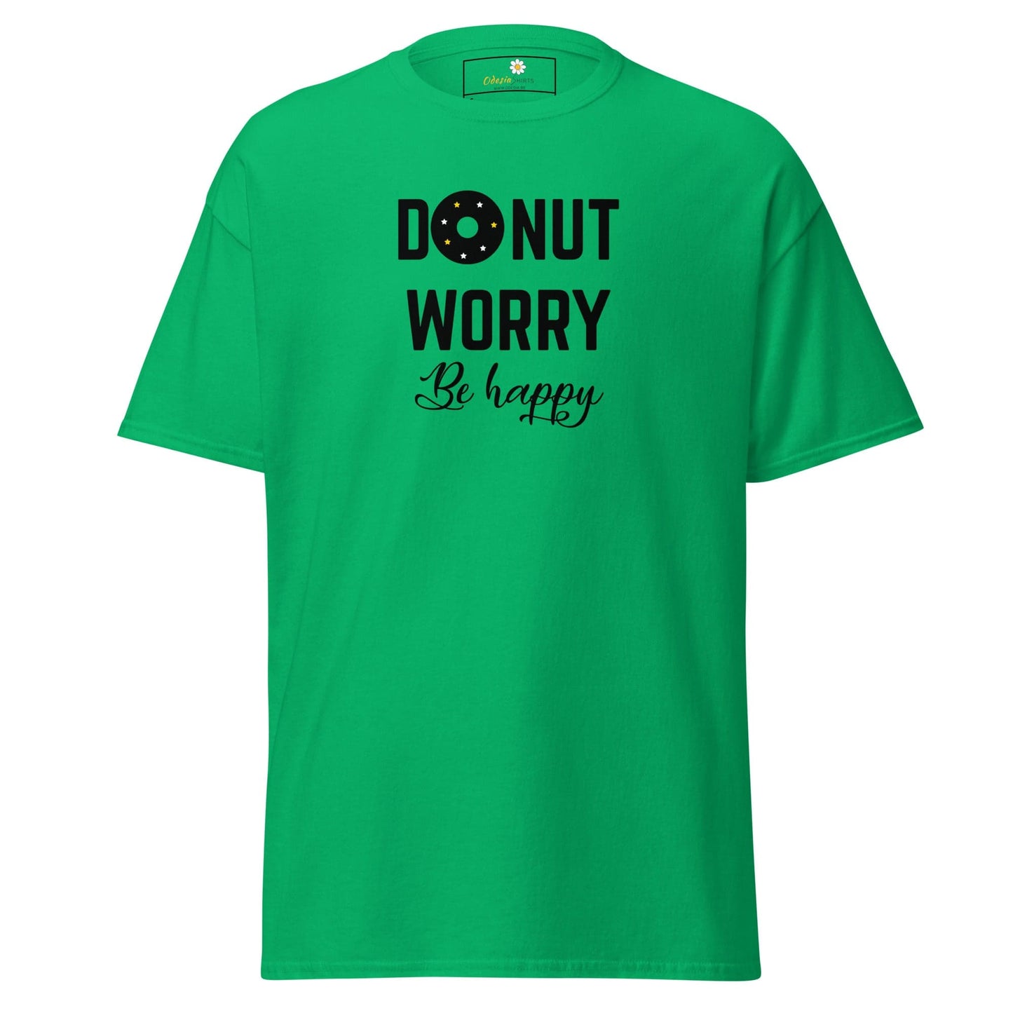 Green T-shirt with Donut Worry Be Happy graphic for men and women in sizes S to XL