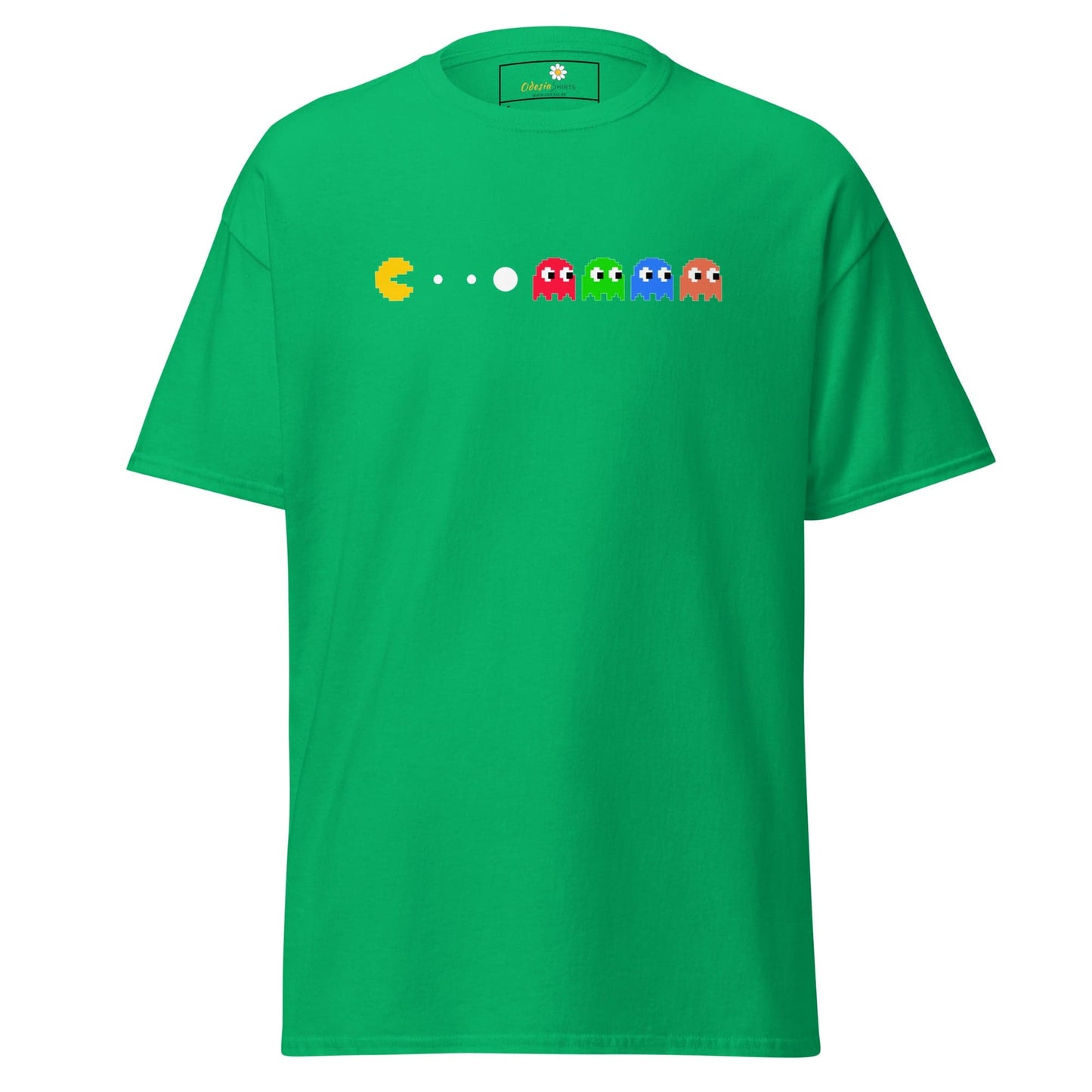 Green T-shirt with Pac-Man design for men and women in S to XL sizes