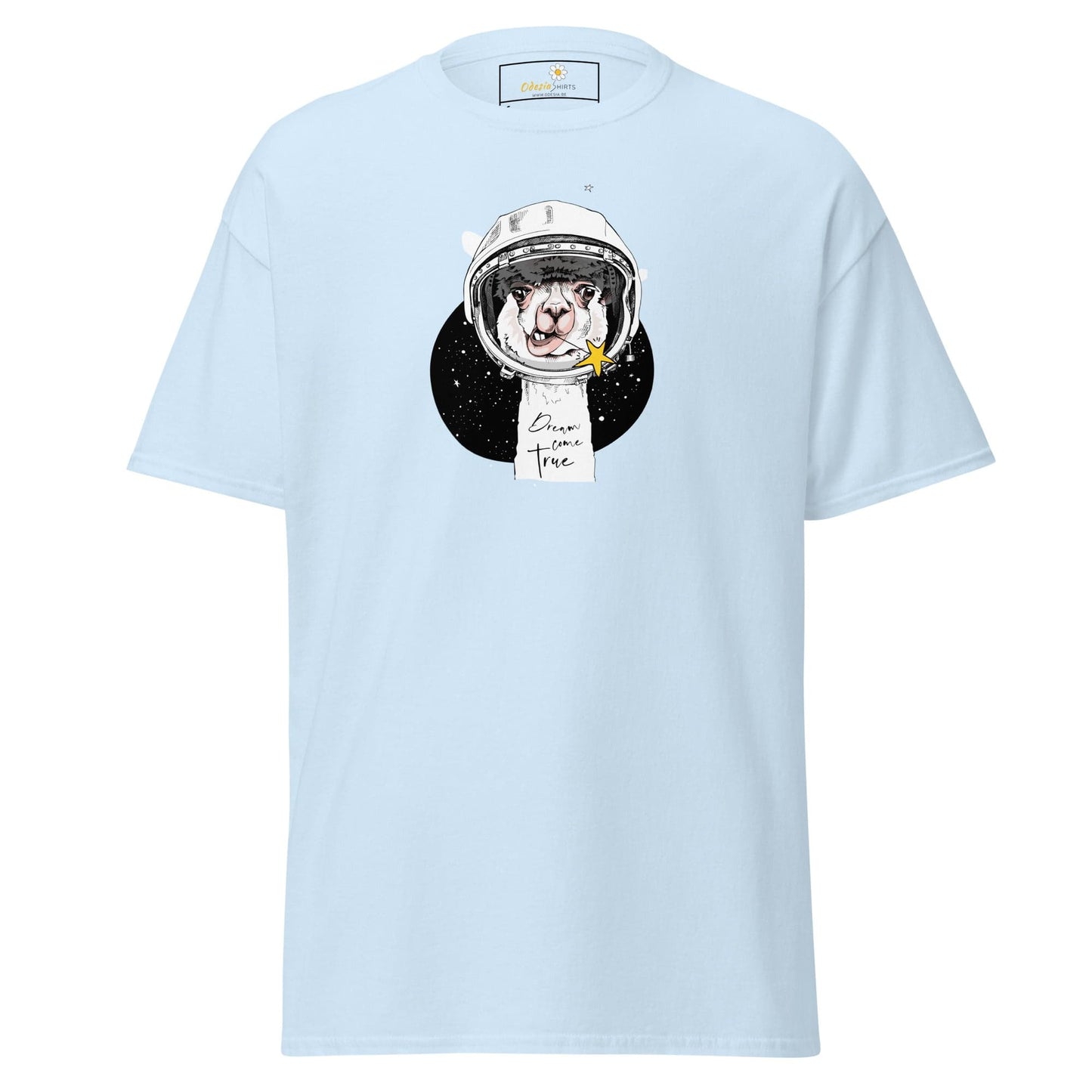 Light blue T-shirt featuring an astronaut alpaca graphic for men and women sizes S to XL