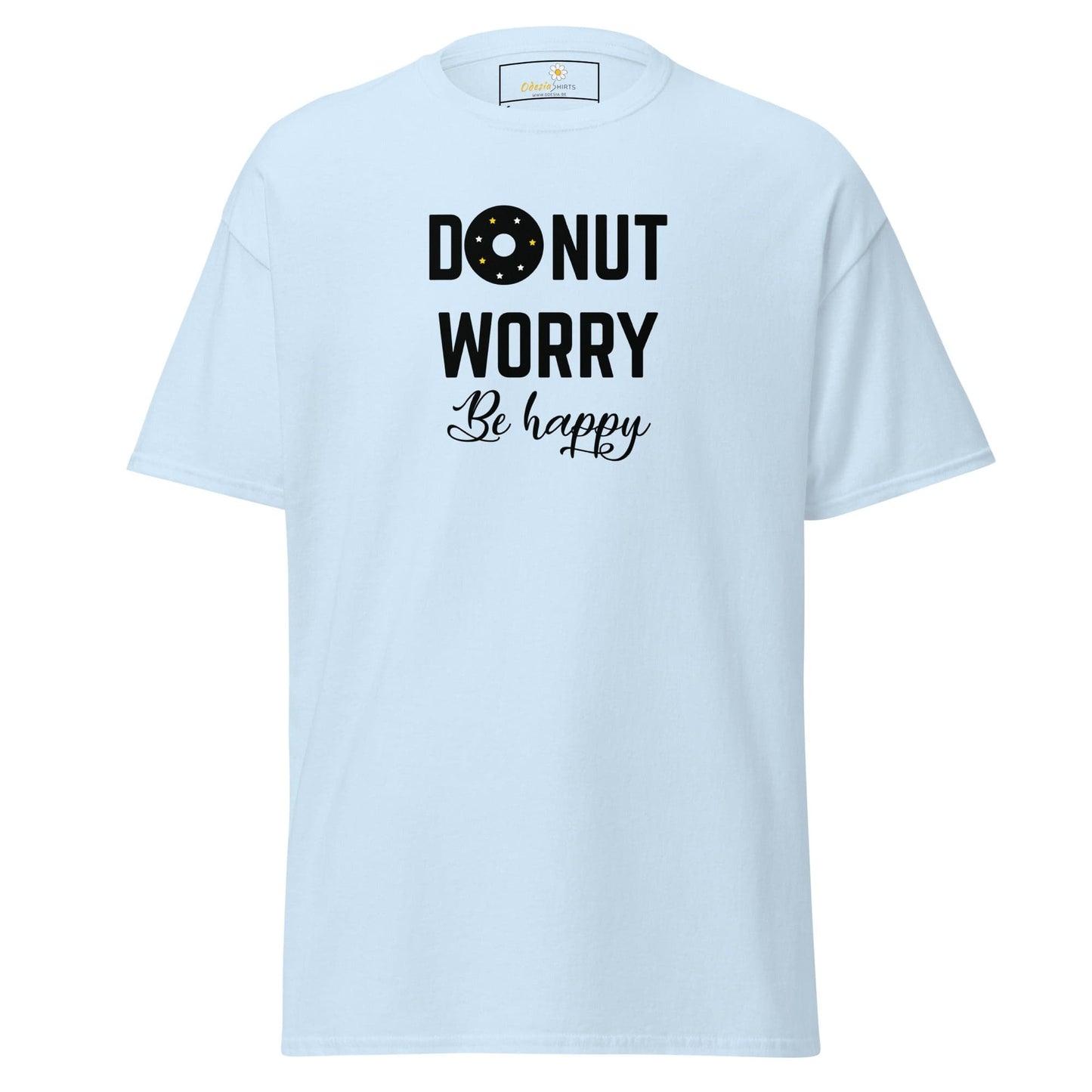 Light blue T-shirt with a colorful donut graphic, suitable for men and women