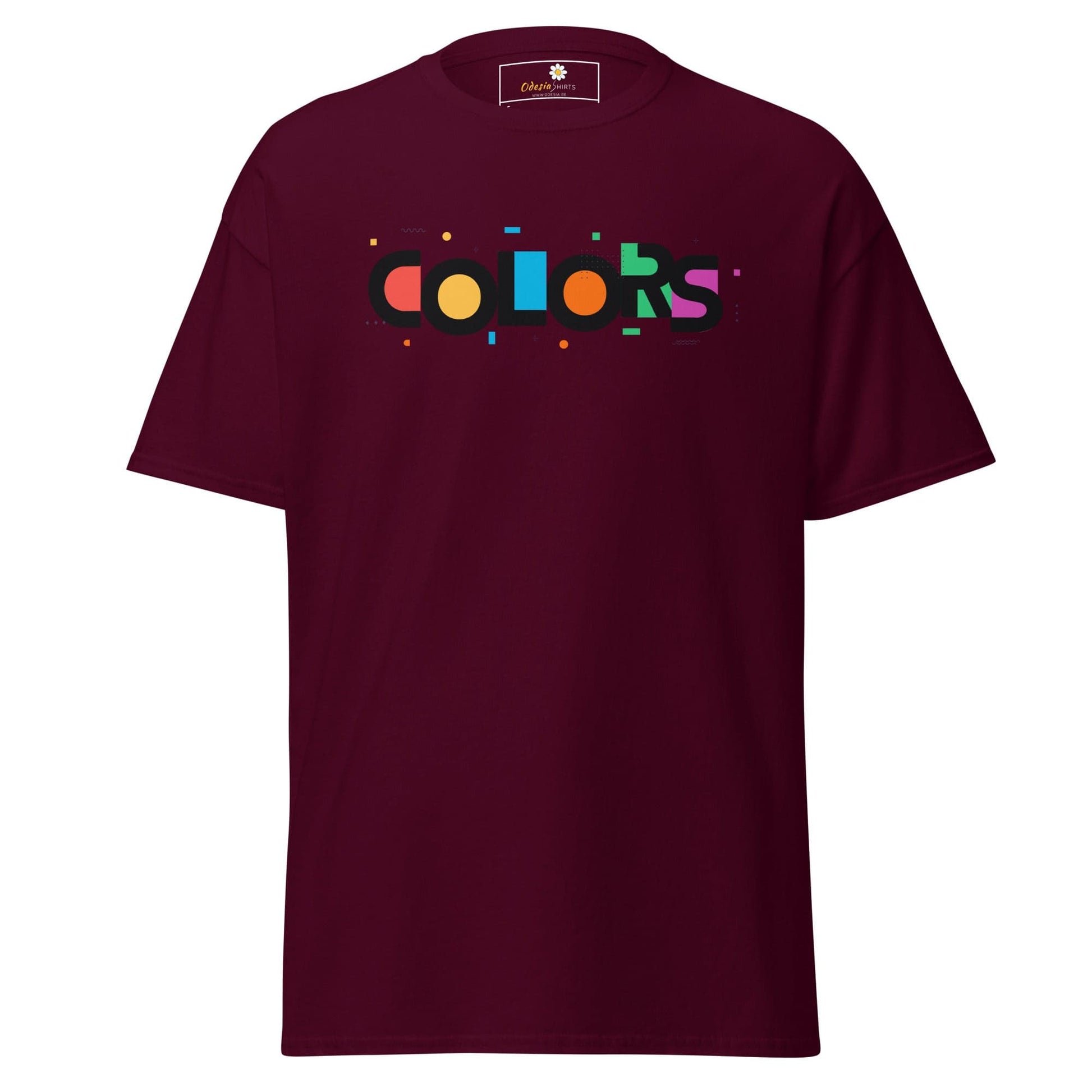 Maroon T-shirt with colorful COLORS text for Men and Women sizes S to XL