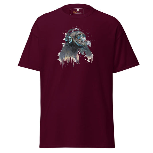 Maroon T-shirt with playful monkey graphic available in S to XL for men and women