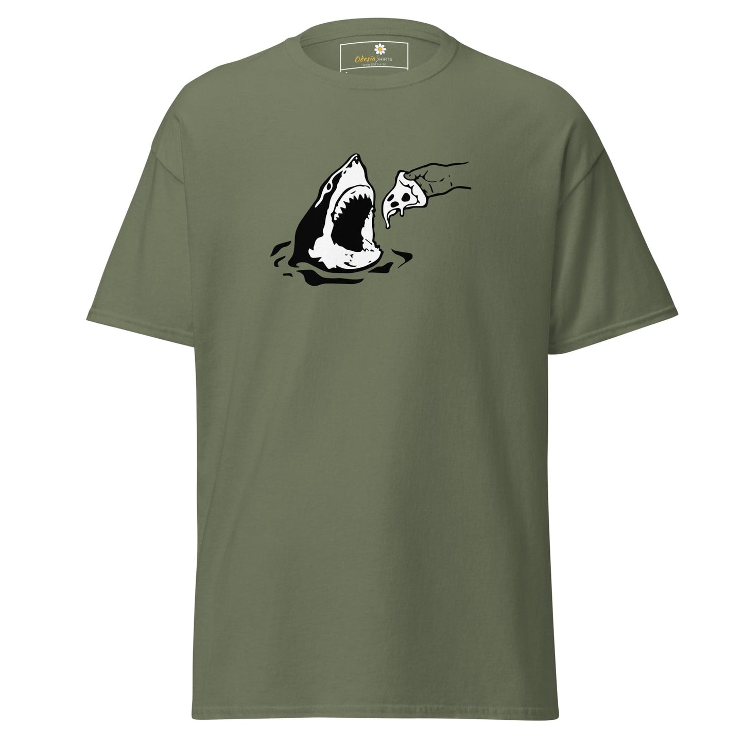 Olive green T-shirt with shark and pizza graphic for men and women in sizes S to XL