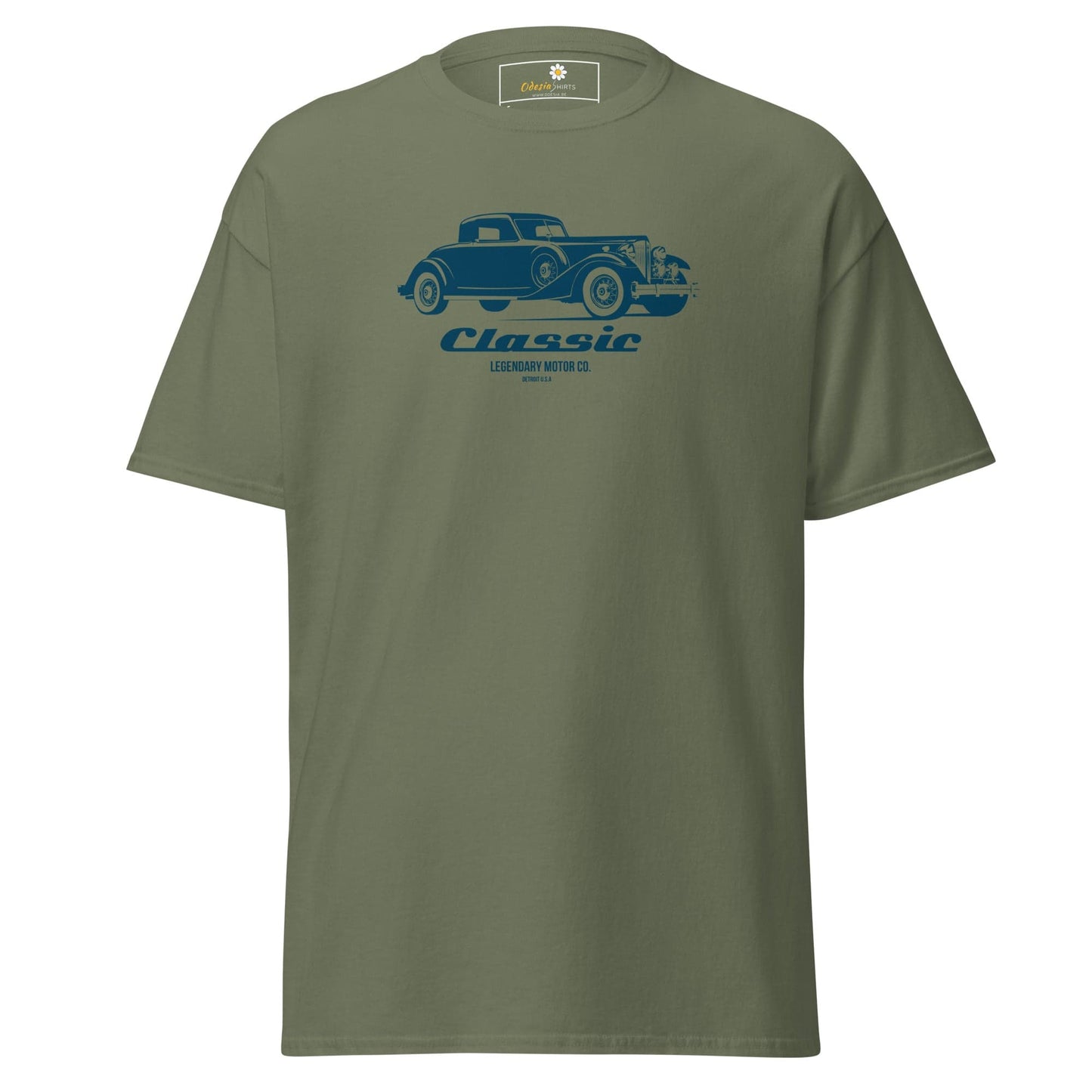 Olive green T-shirt with a blue classic car graphic for men and women in sizes S to XL