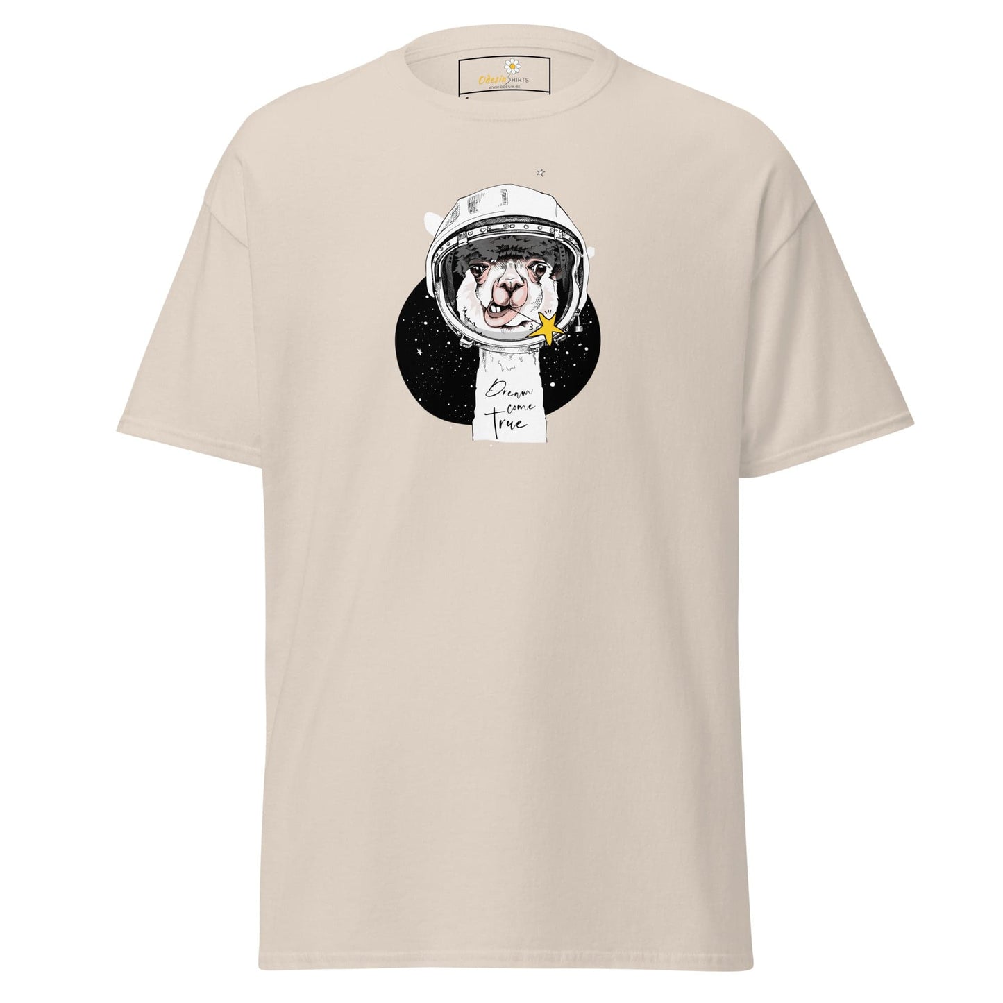Beige T-shirt with alpaca astronaut graphic for men and women available in size S to XL