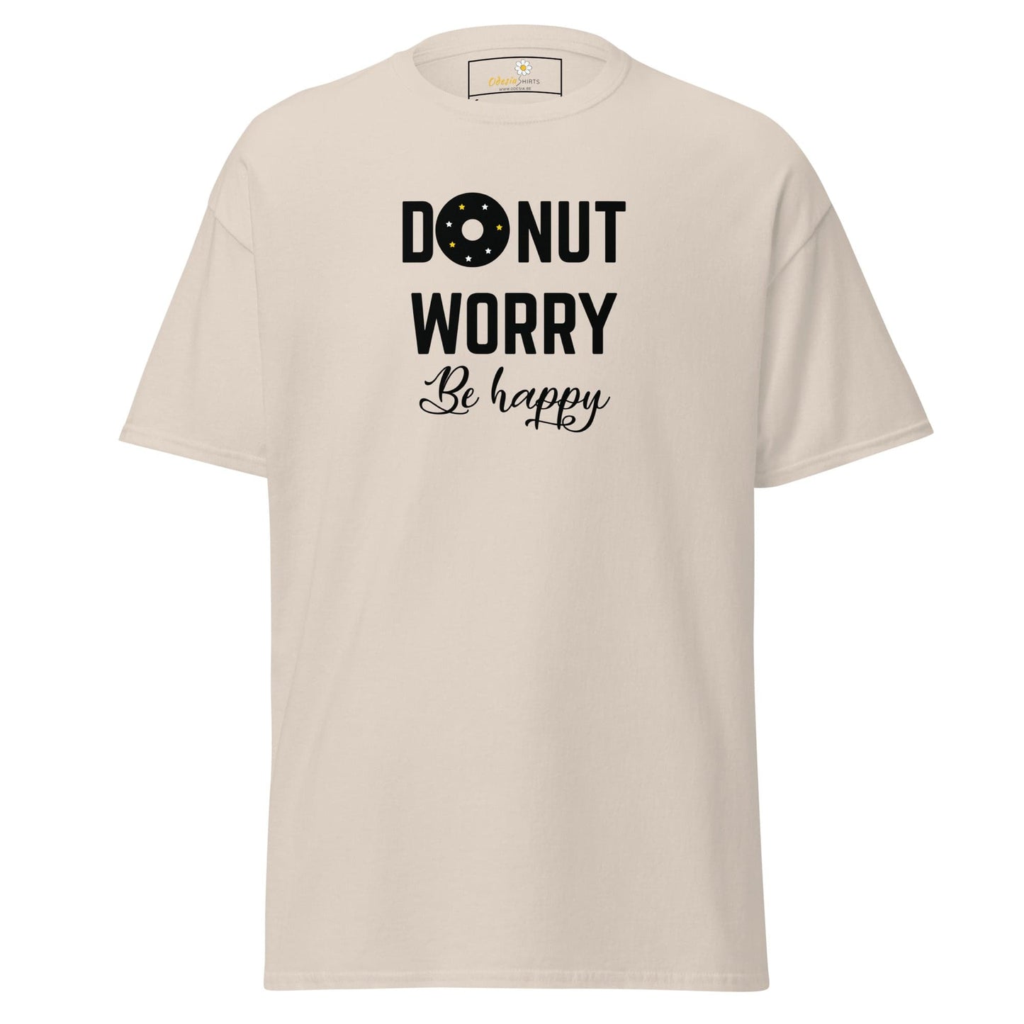 Beige T-shirt with Donut Worry Be Happy text displayed in T-SHIRT DESIGN TEE product