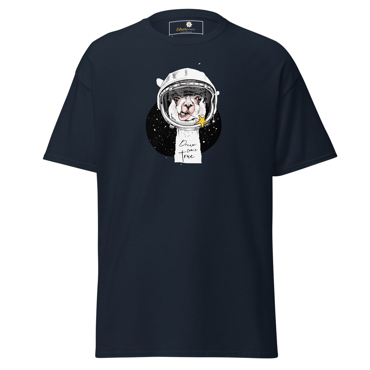 Navy blue T-shirt with astronaut llama graphic for men and women in sizes S to XL