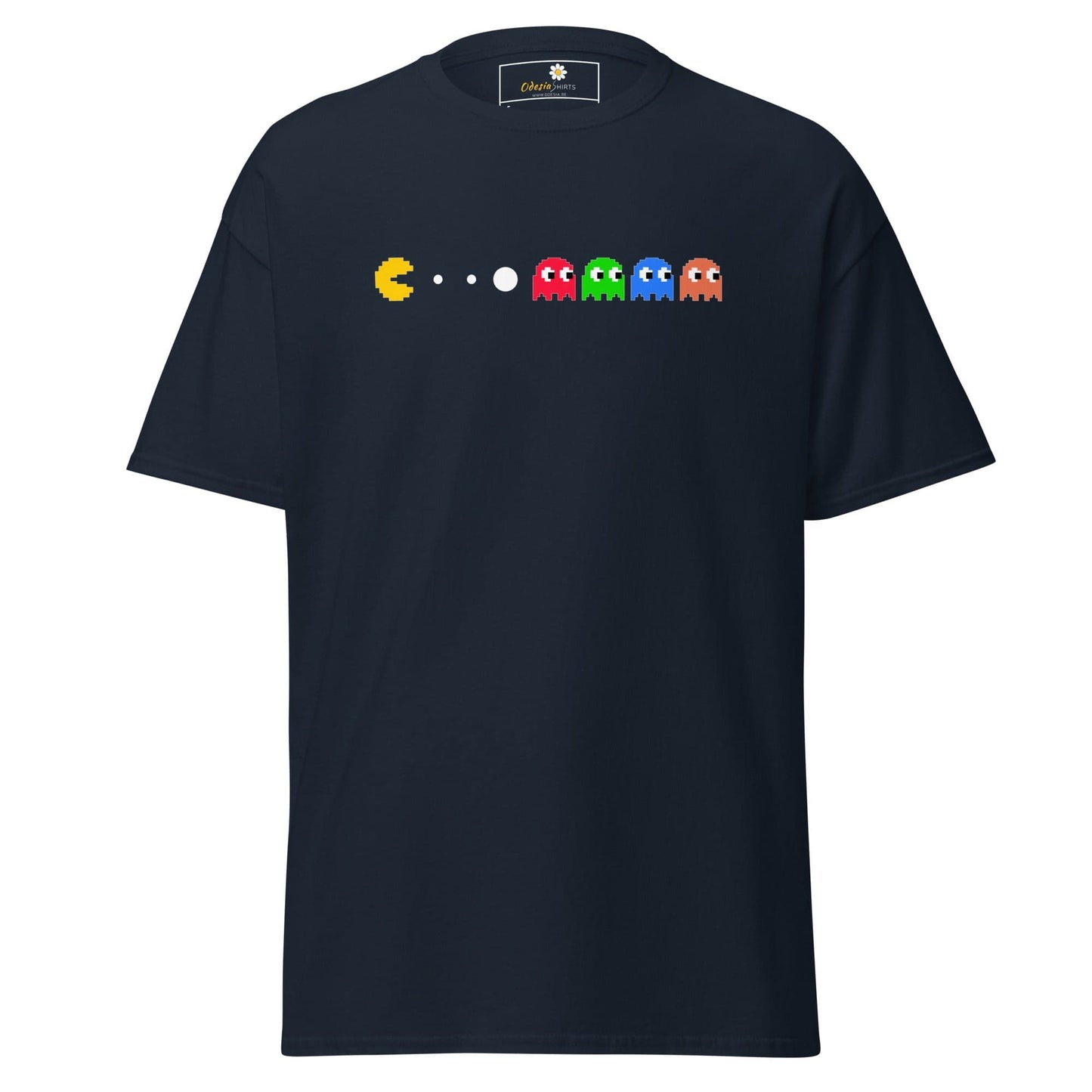 Navy blue T-shirt with Pac-Man design for men and women, available in sizes S to XL