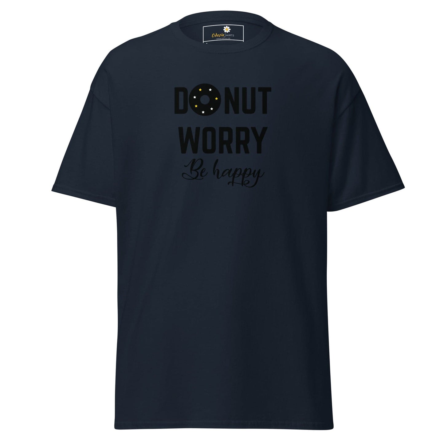 Dark blue T-shirt with Donut Worry Be Happy text for Men and Women in sizes S to XL