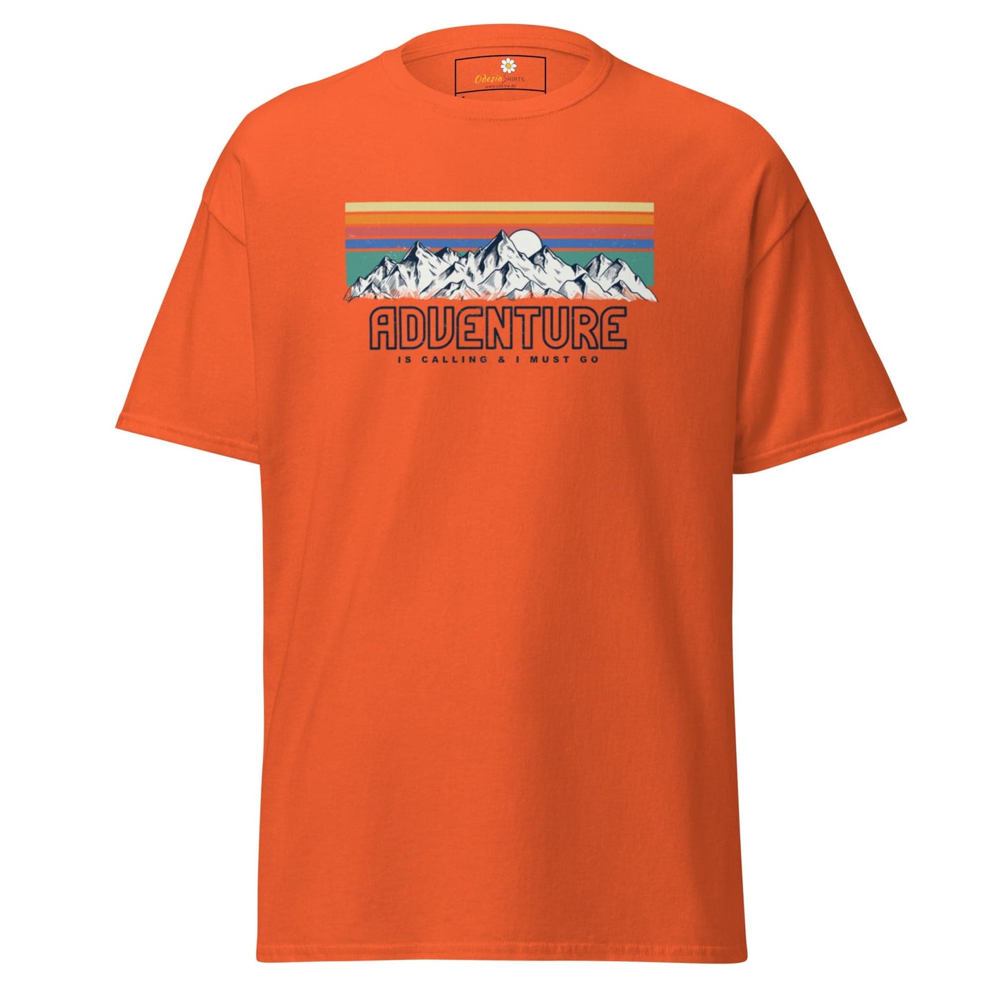 Orange T-shirt with mountain graphic for men and women, available in sizes S to XL