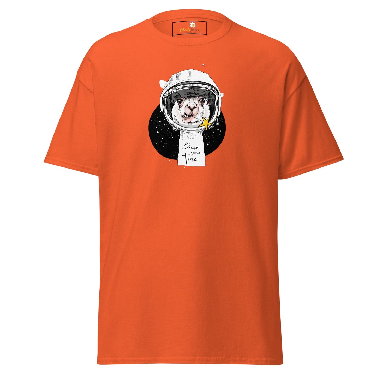 Orange T-shirt with astronaut llama graphic for men and women in size S to XL