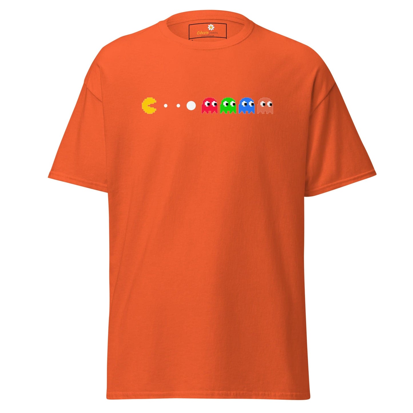 Orange T-shirt with Pac-Man design for men and women in S to XL sizes