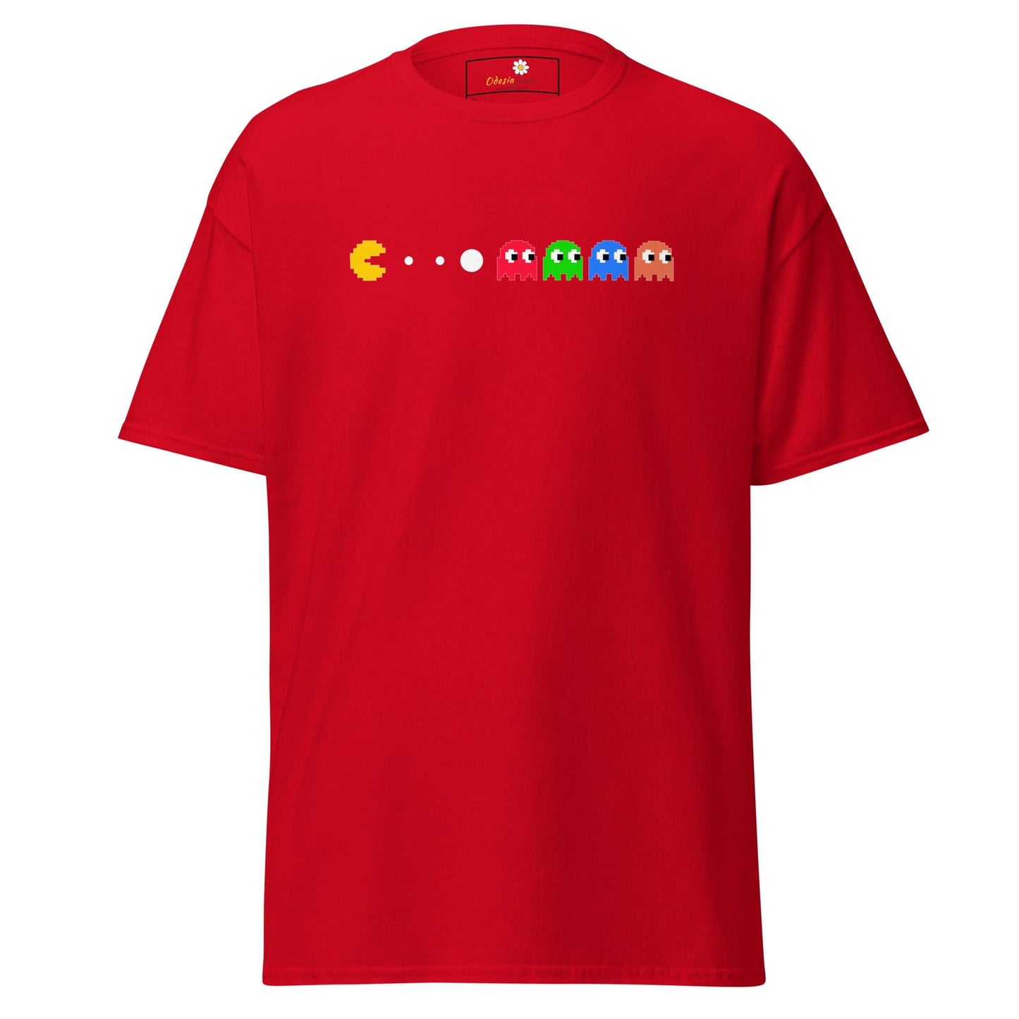 Red T-shirt with Pac-Man design for Men and Women in size S to XL