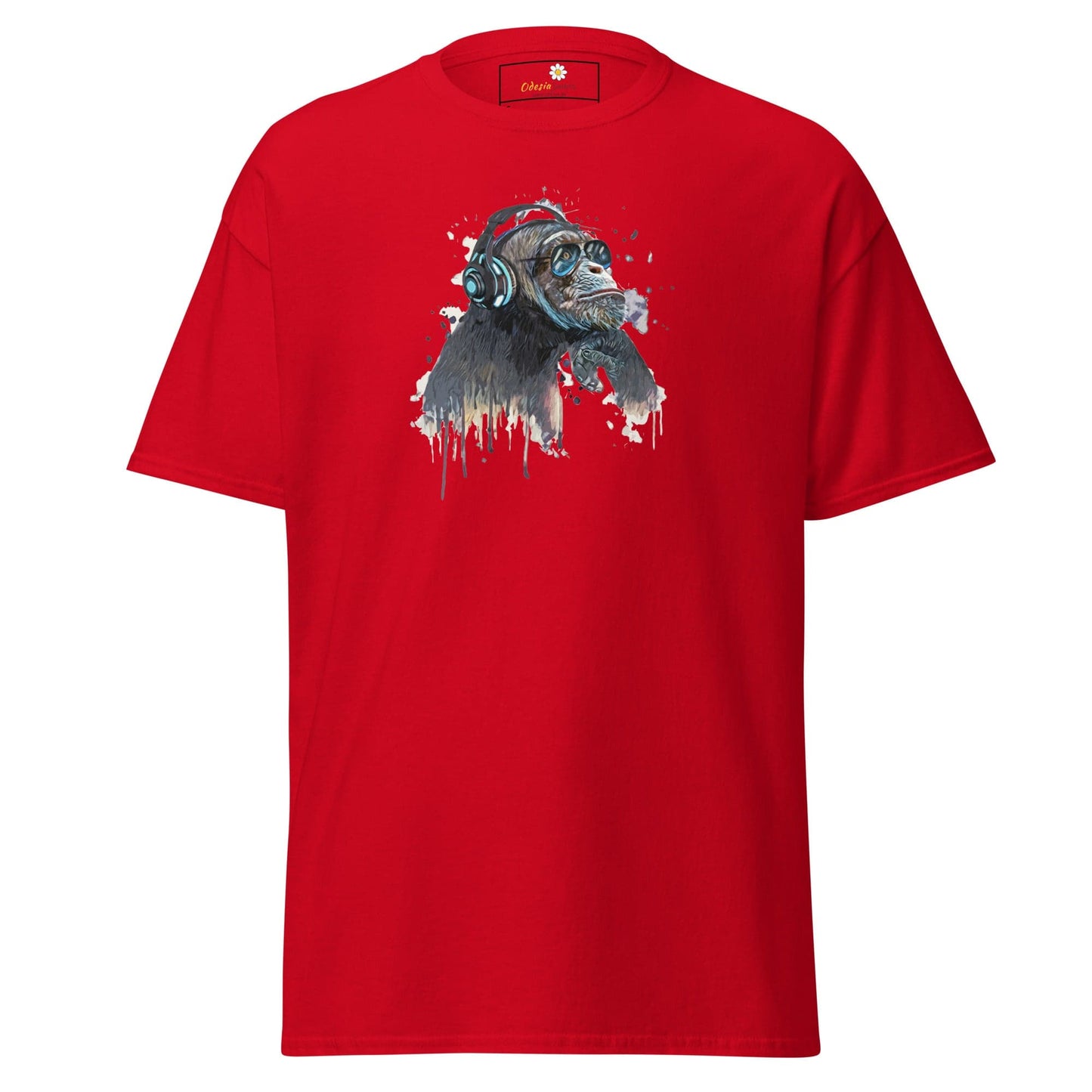 Red T-shirt with chimpanzee graphic from T-SHIRT DESIGN TEE for men and women in S to XL