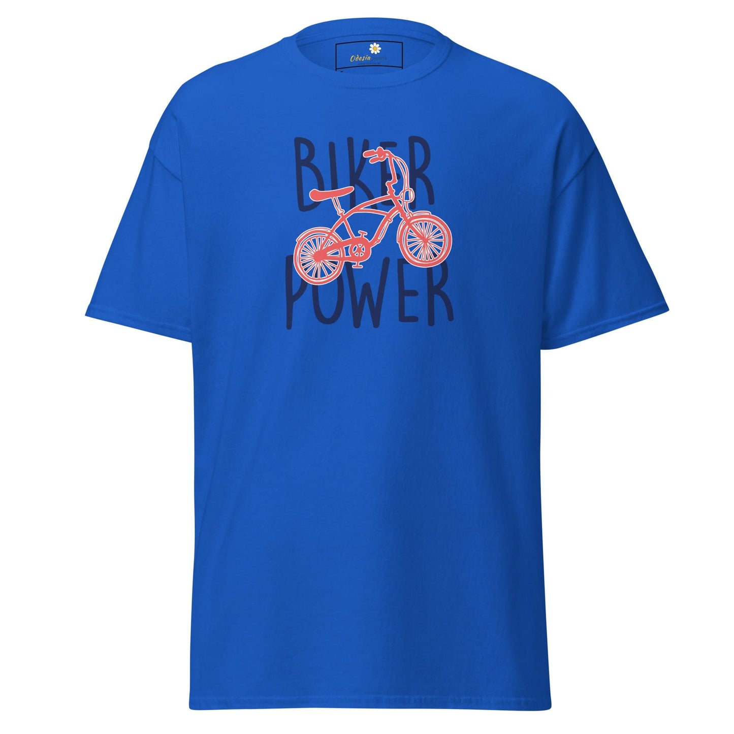Blue T-shirt featuring a bicycle graphic from T-SHIRT DESIGN TEE for men and women