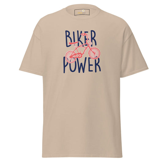 Beige T-shirt with bicycle graphic, suitable for men and women, available in sizes S to XL
