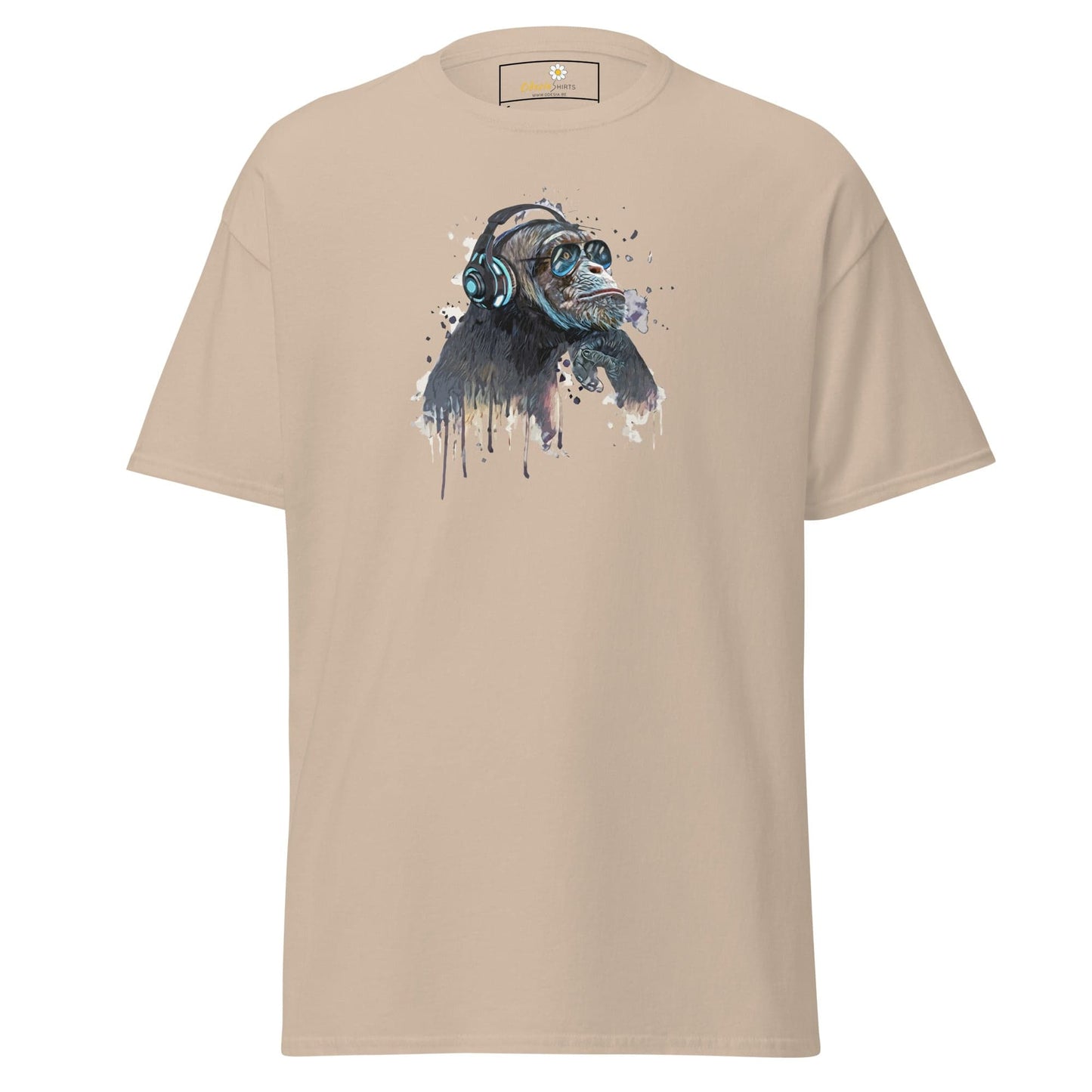 Beige T-shirt featuring a chimpanzee graphic, suitable for men and women sizes S to XL